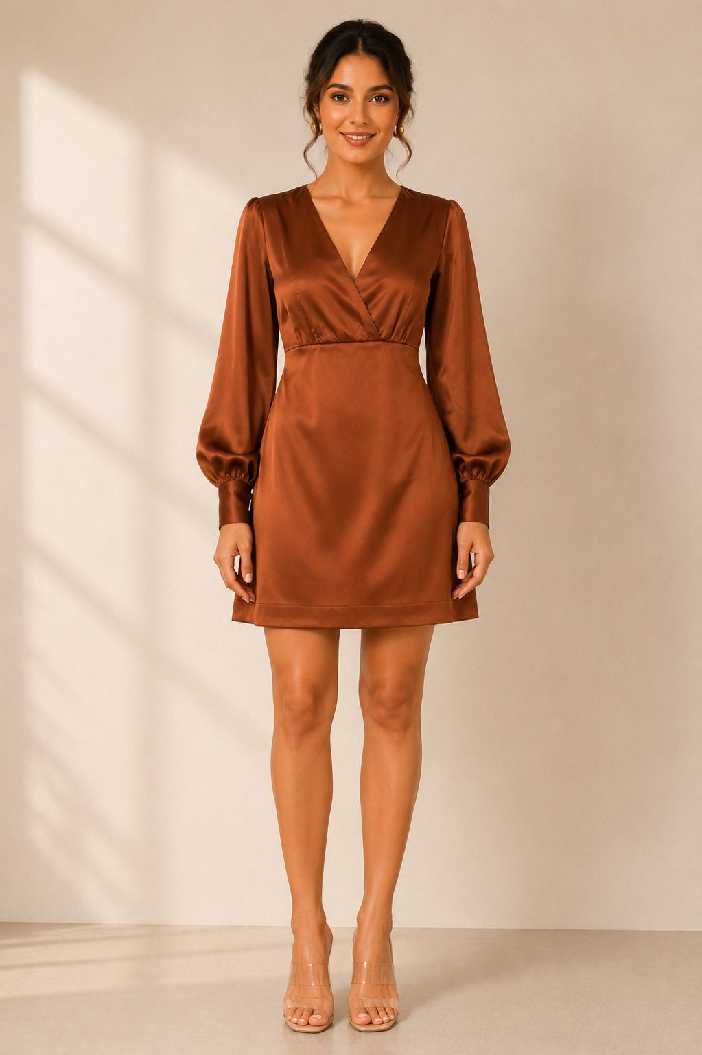 Women Wrap Brown Above Knee/Mid Thigh Length Dress-image-20