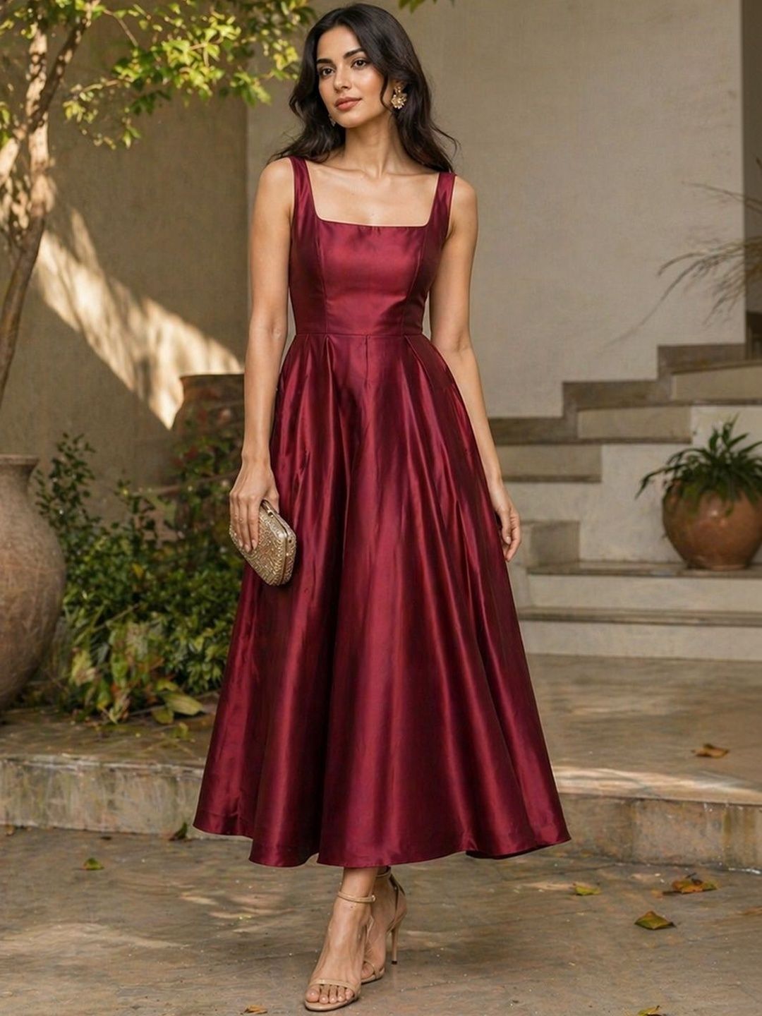 bebe Women Fit and Flare Maroon Midi/Calf Length Dress-picture-2