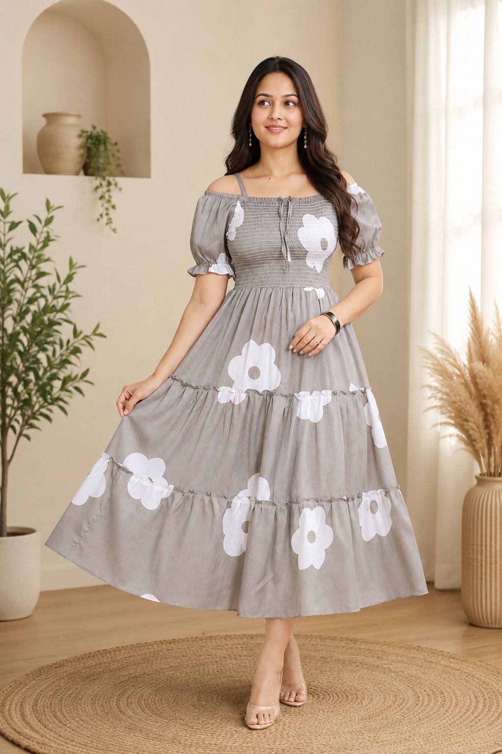 dulhan sarees Women Tiered Grey Midi/Calf Length Dress-picture-35