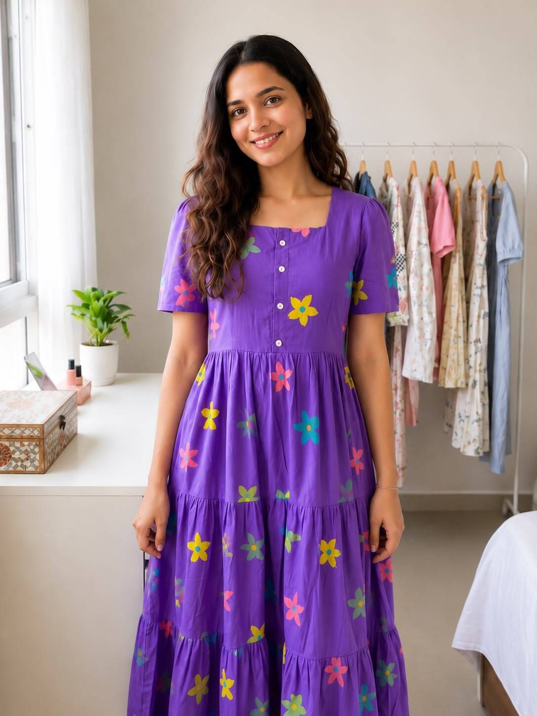 Women A-line Purple Below Knee Dress-image-10