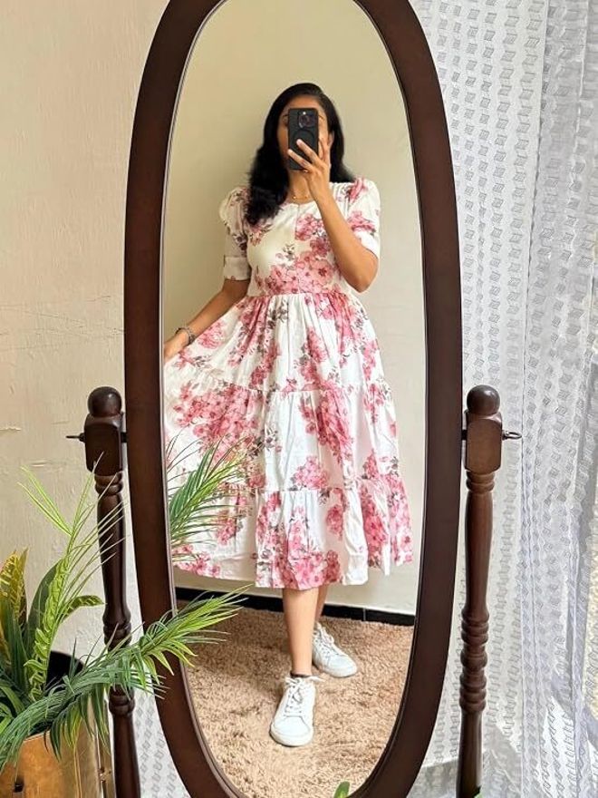 Women Tiered White Midi/Calf Length Dress-image-4
