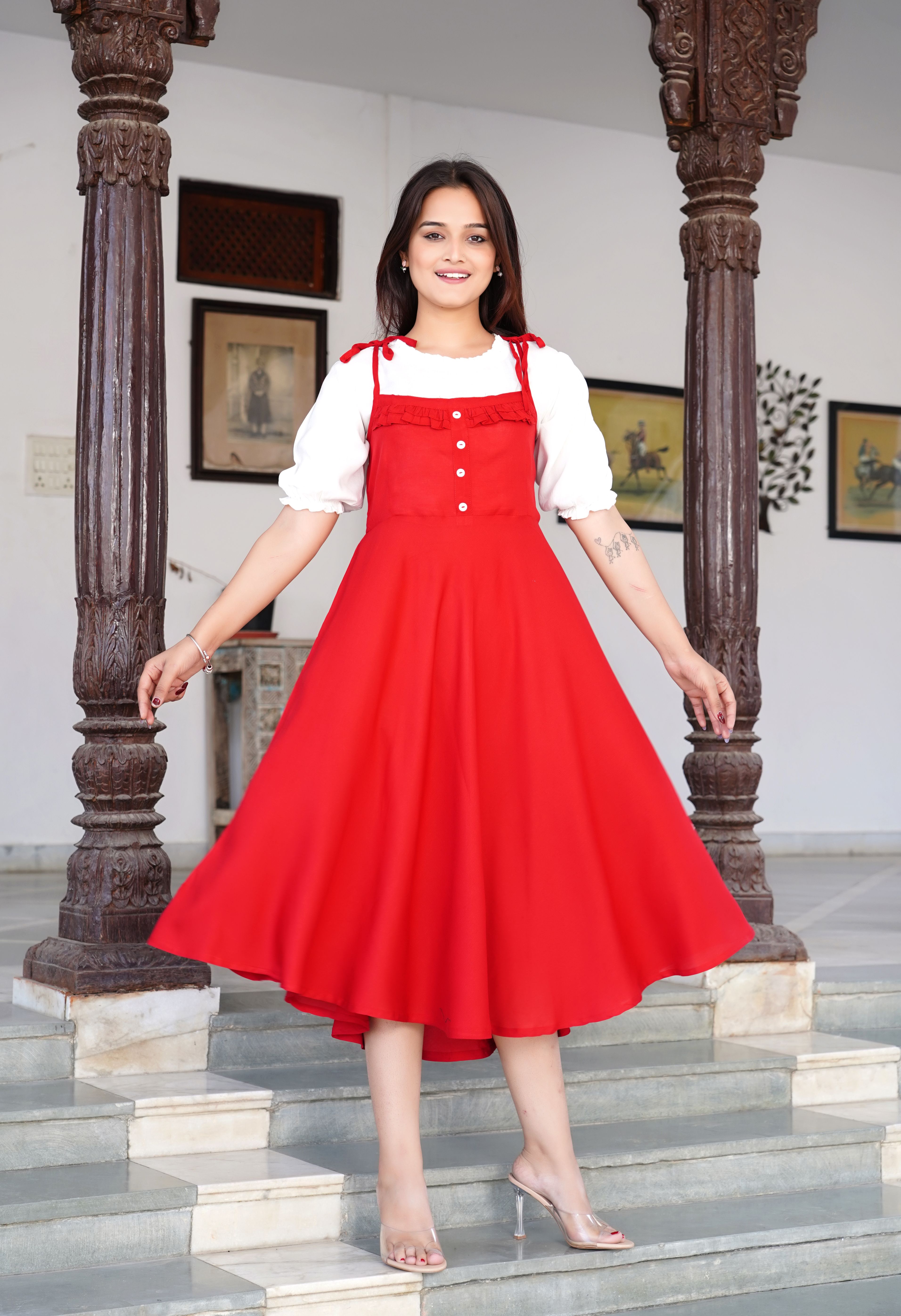 Women Red, White Dungaree-image-20