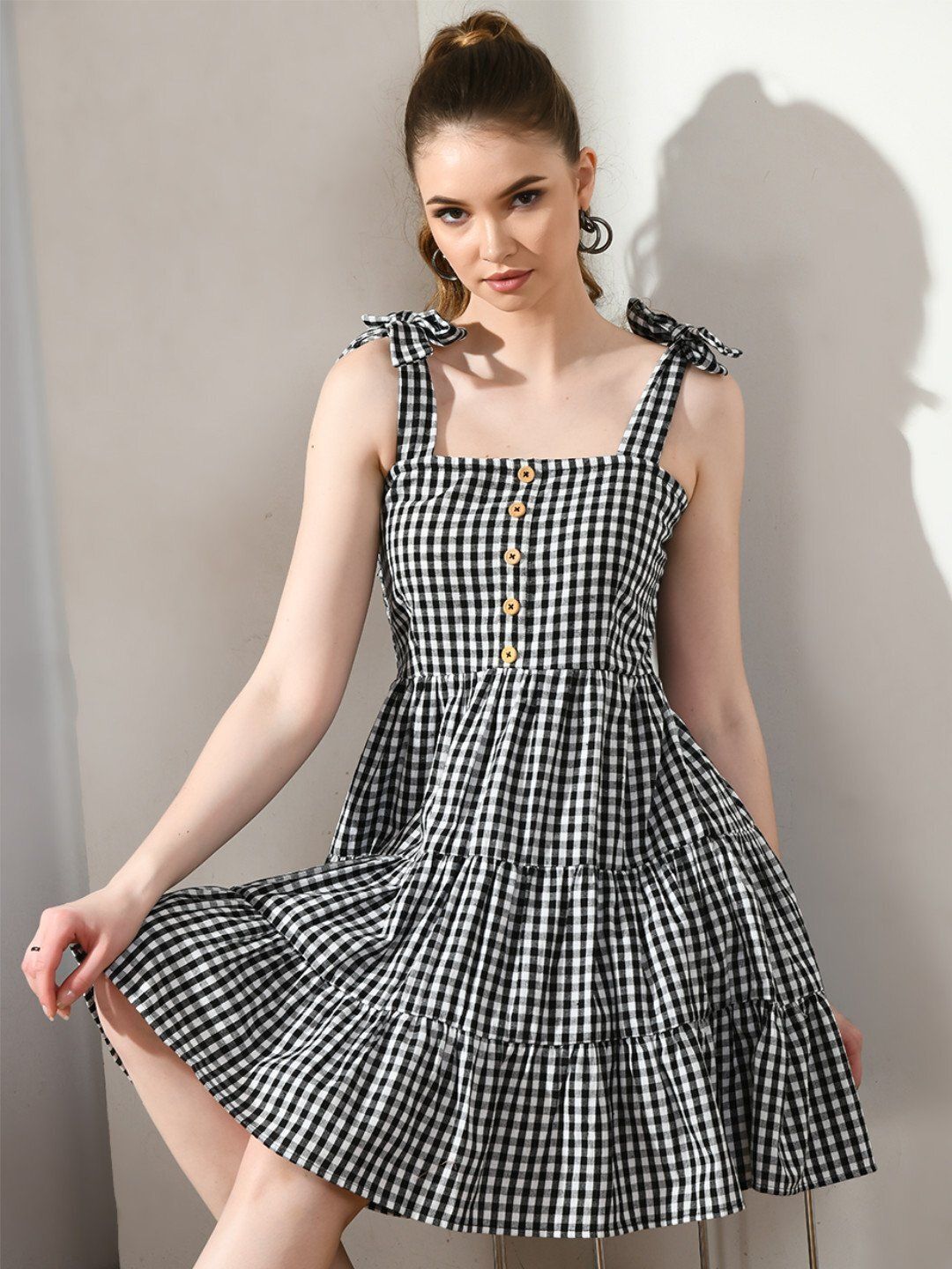 Women Fit and Flare Black, White Above Knee/Mid Thigh Length Dress-image-34