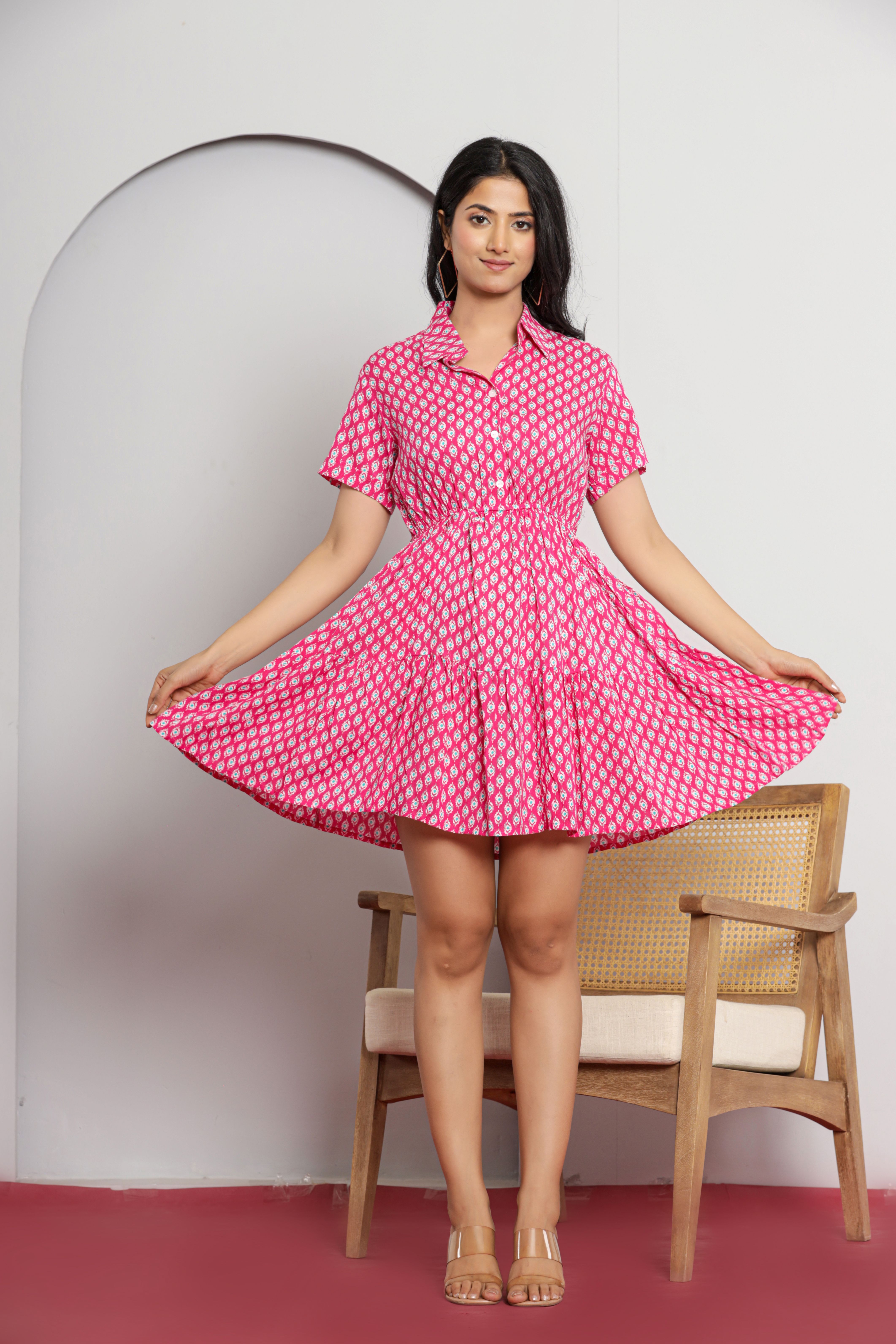 Women Fit and Flare Pink Knee Length Dress-image-30