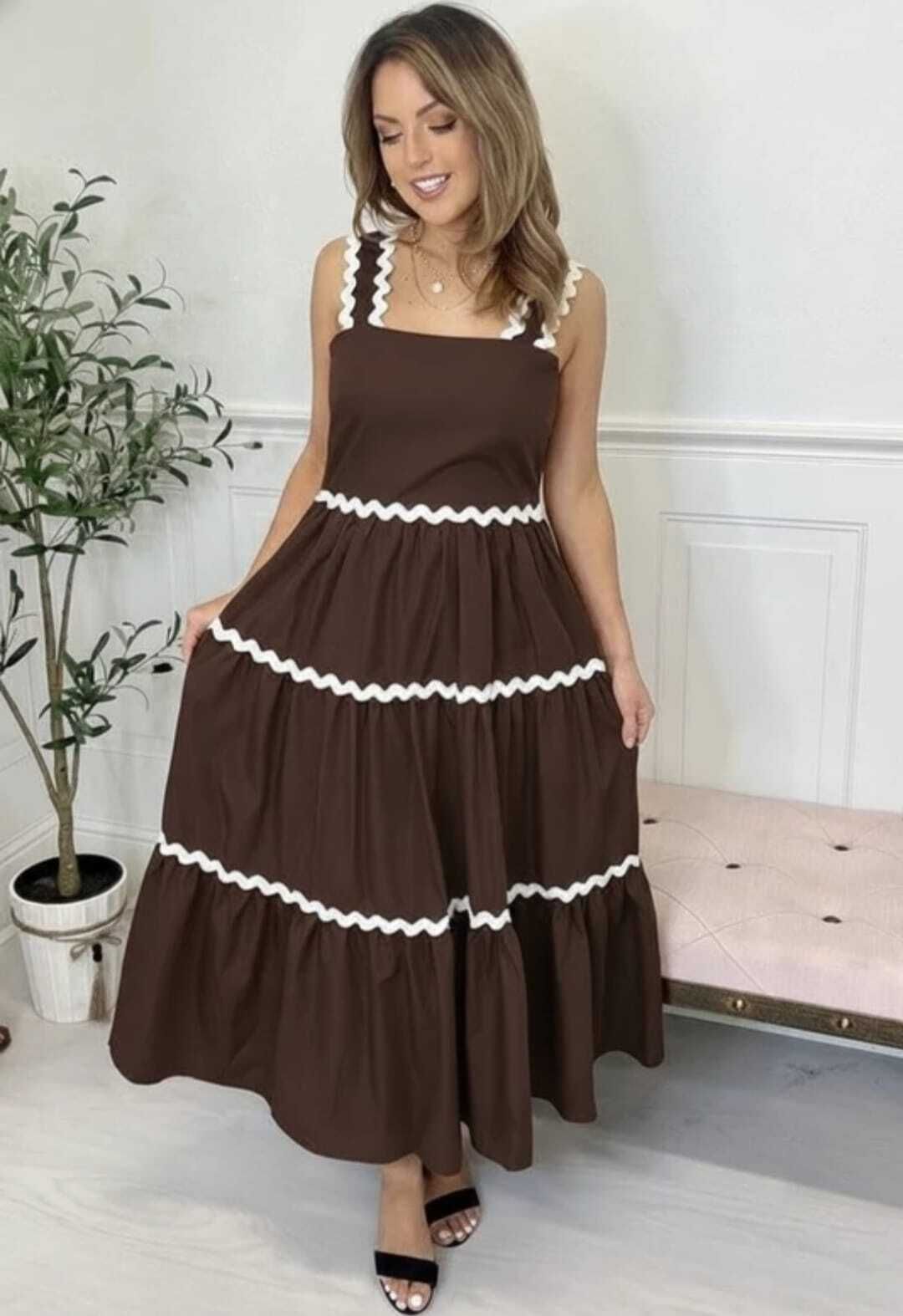 Women Tiered Brown Midi/Calf Length Dress-image-37