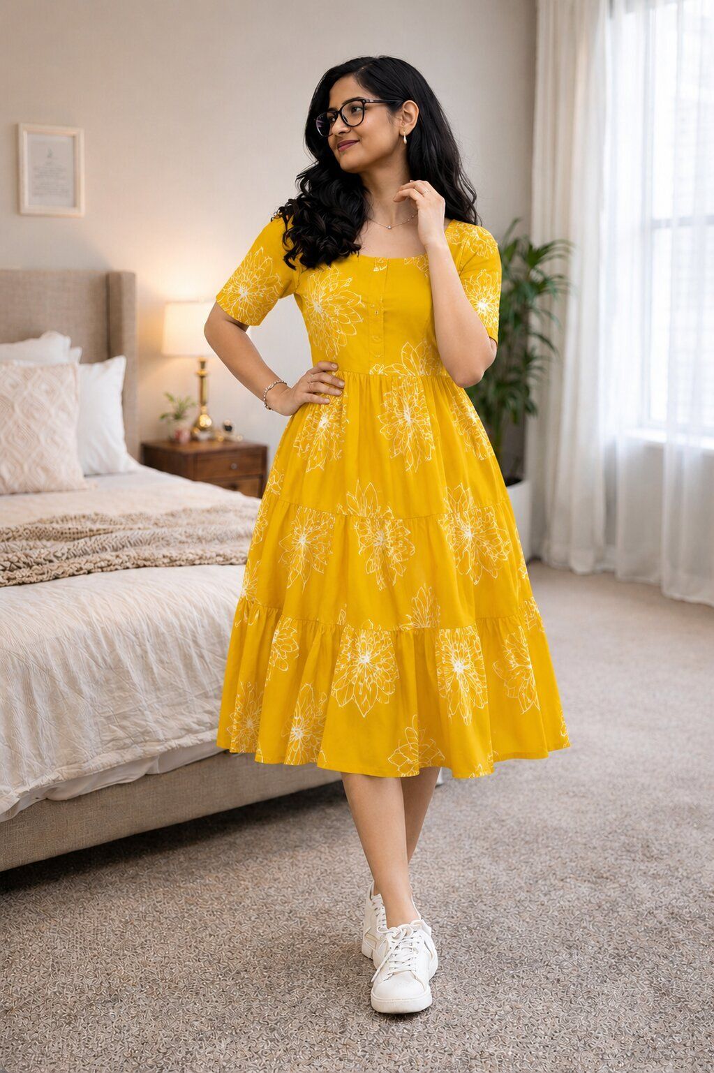 Women Fit and Flare Yellow Midi/Calf Length Dress-image-8