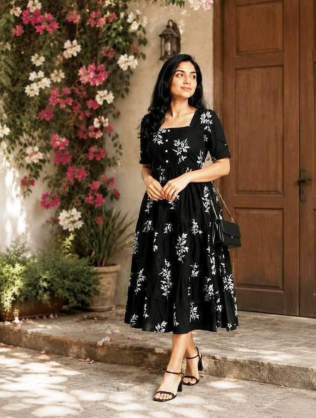Women Tiered Black, White Ankle Length Dress-image-48