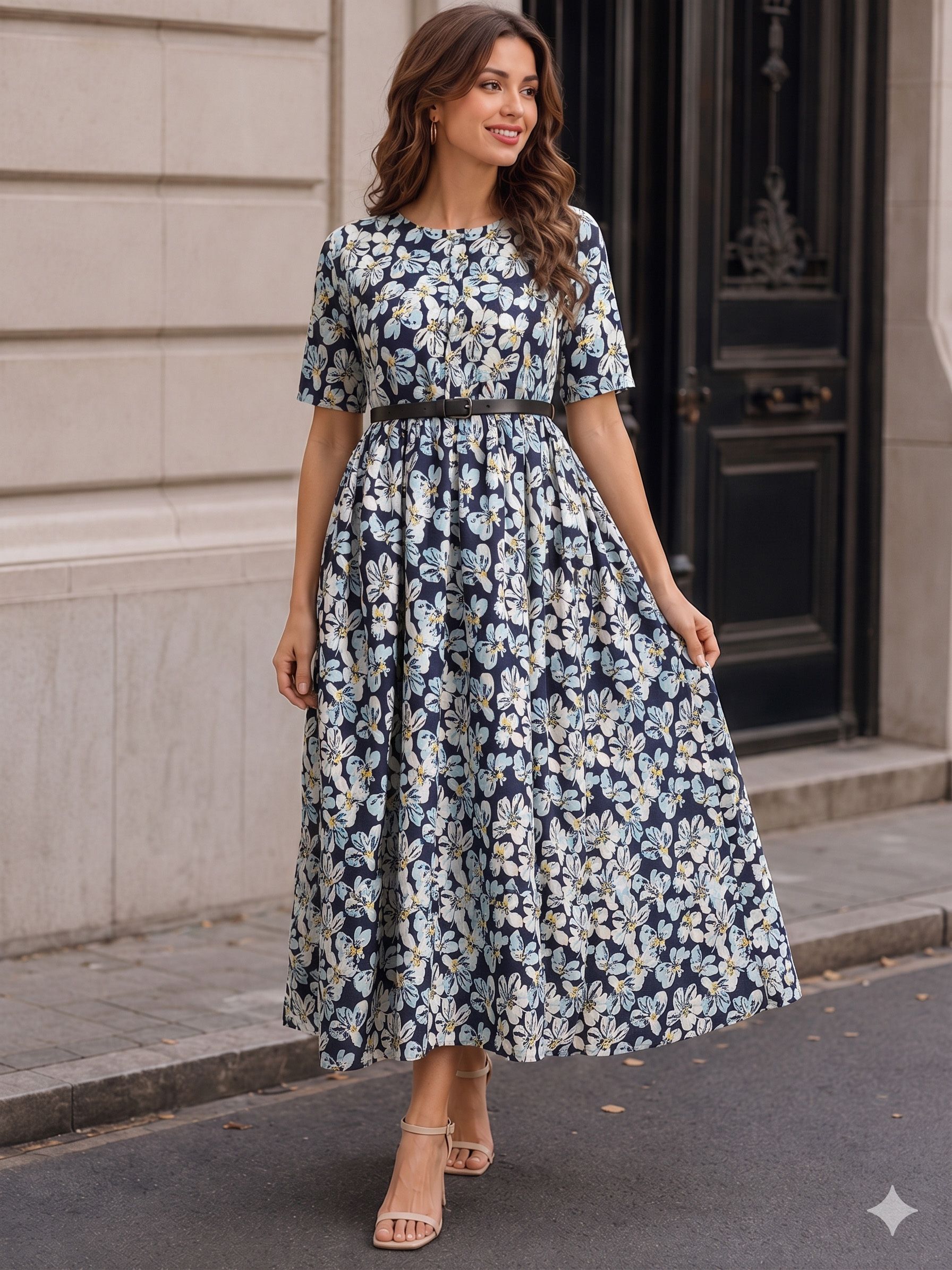 Women A-line Blue Ankle Length Dress-image-18