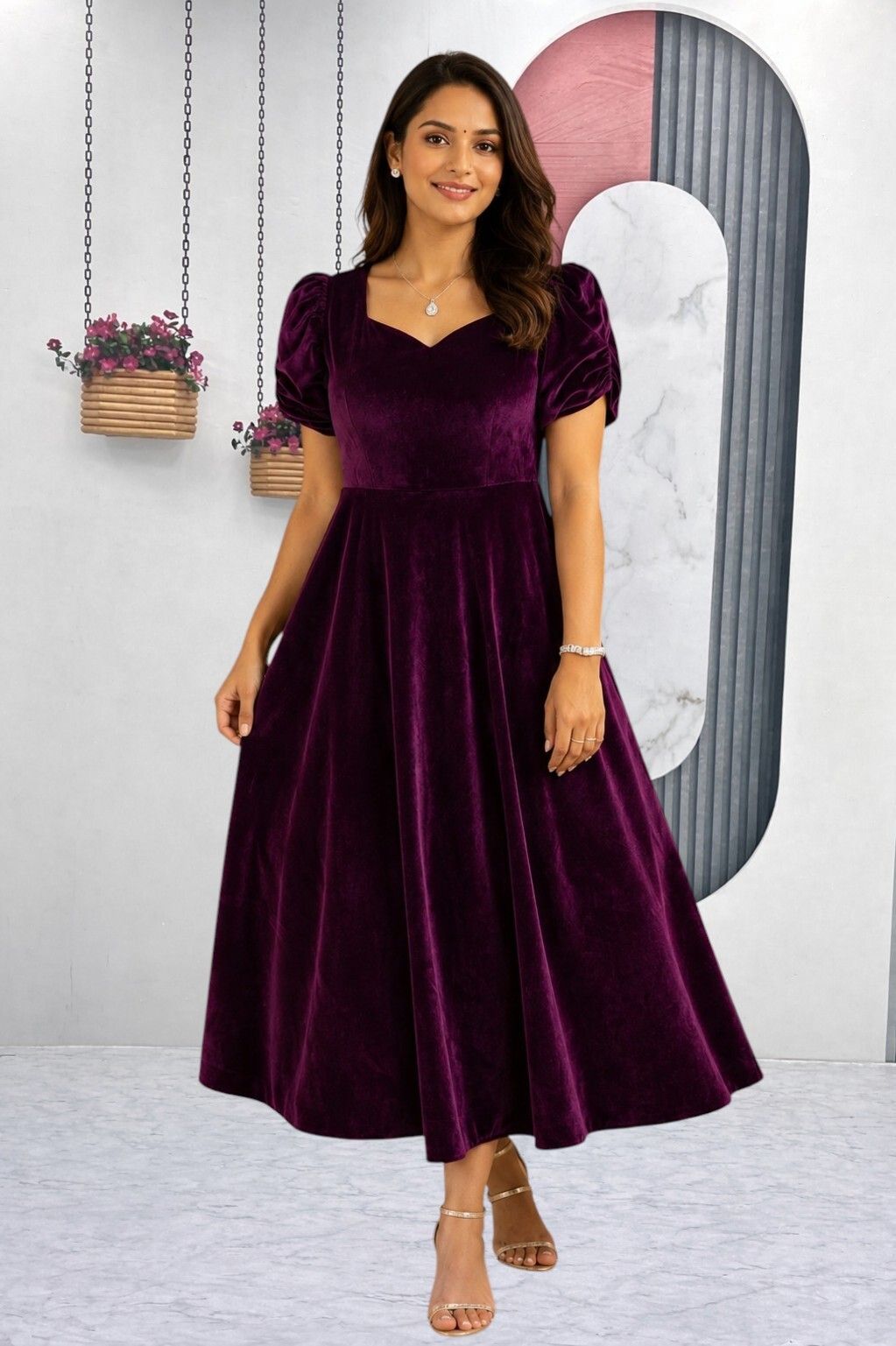 Women Fit and Flare Purple Below Knee Dress-image-36