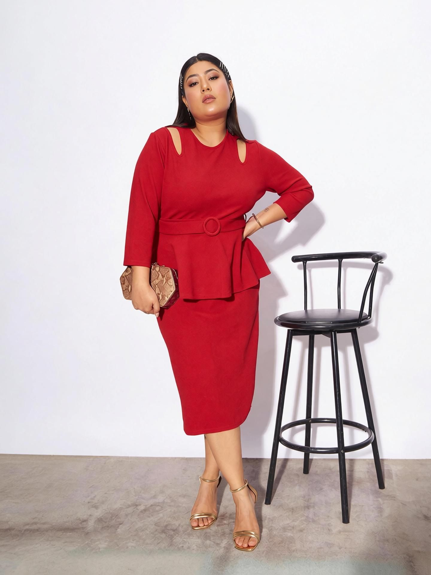 Women Bodycon Red Below Knee Dress-image-14