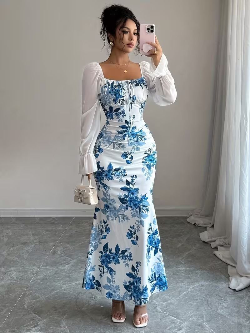 Women Fit and Flare White, Blue Maxi/Full Length Dress