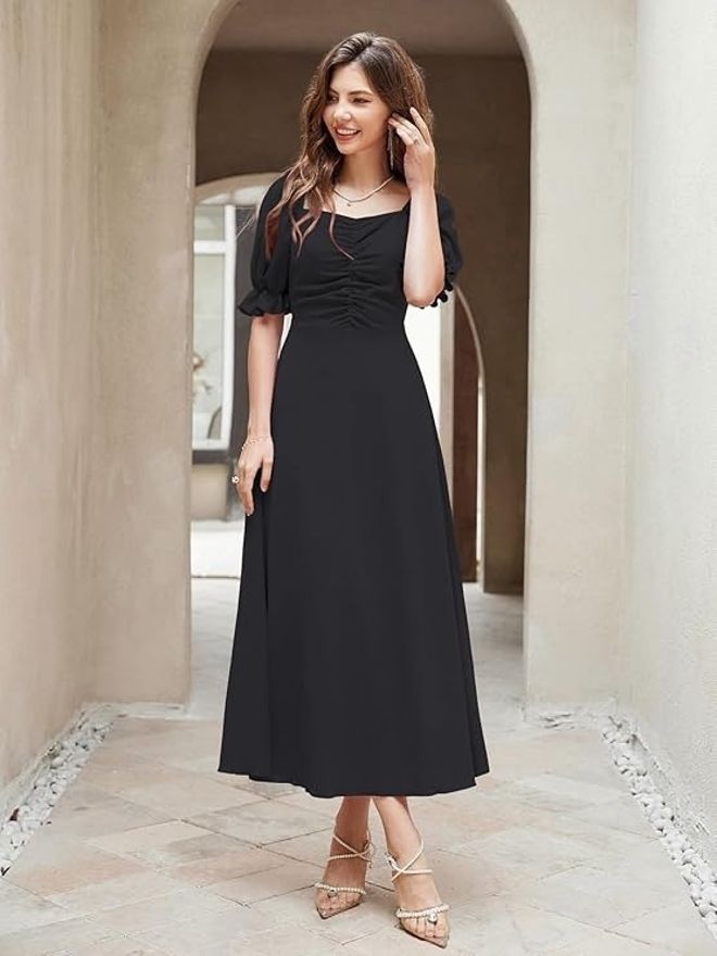 Women Fit and Flare Black Knee Length Dress-image-35