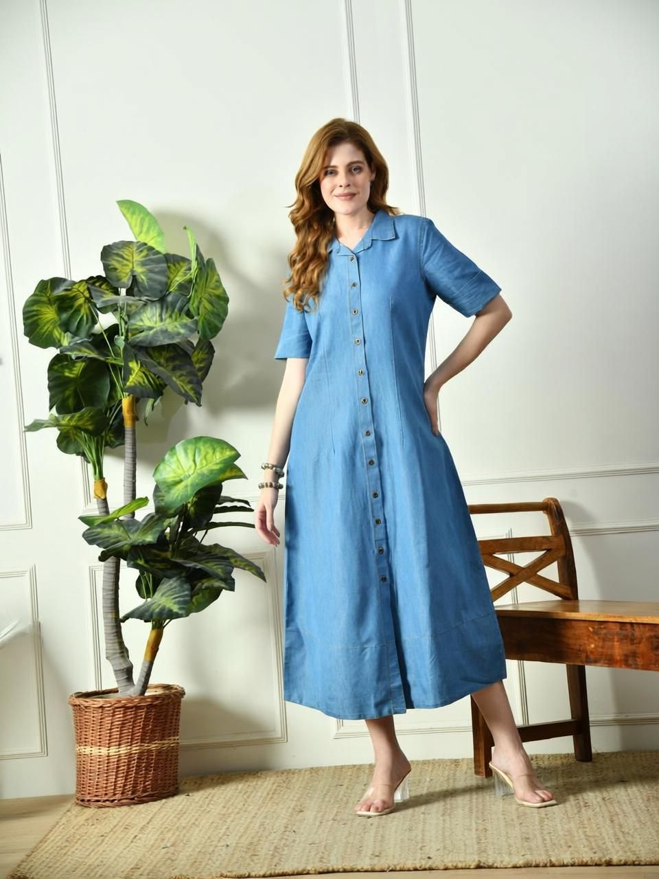 Women Shirt Blue Midi/Calf Length Dress-image-9