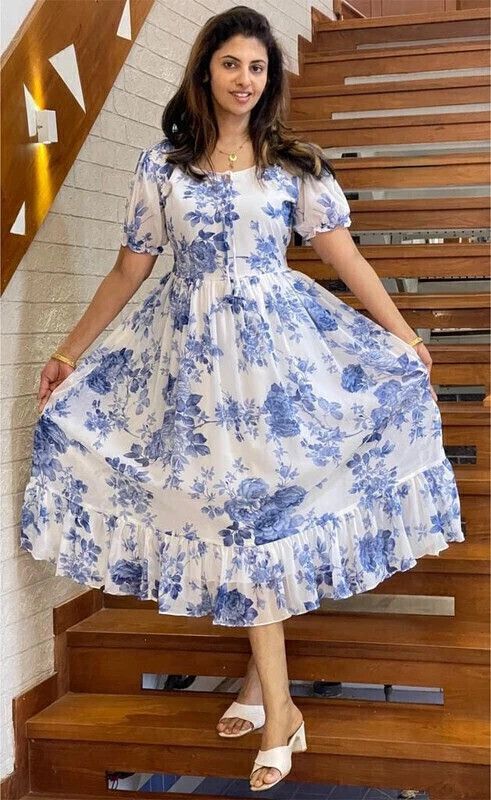 Women Fit and Flare Light Blue Midi/Calf Length Dress-image-33