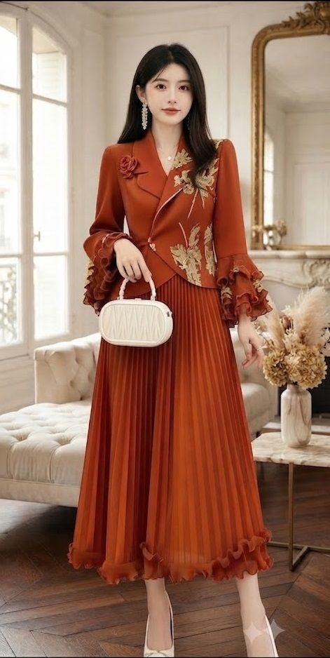 ameeha Women Pleated Orange Ankle Length Dress-picture-5