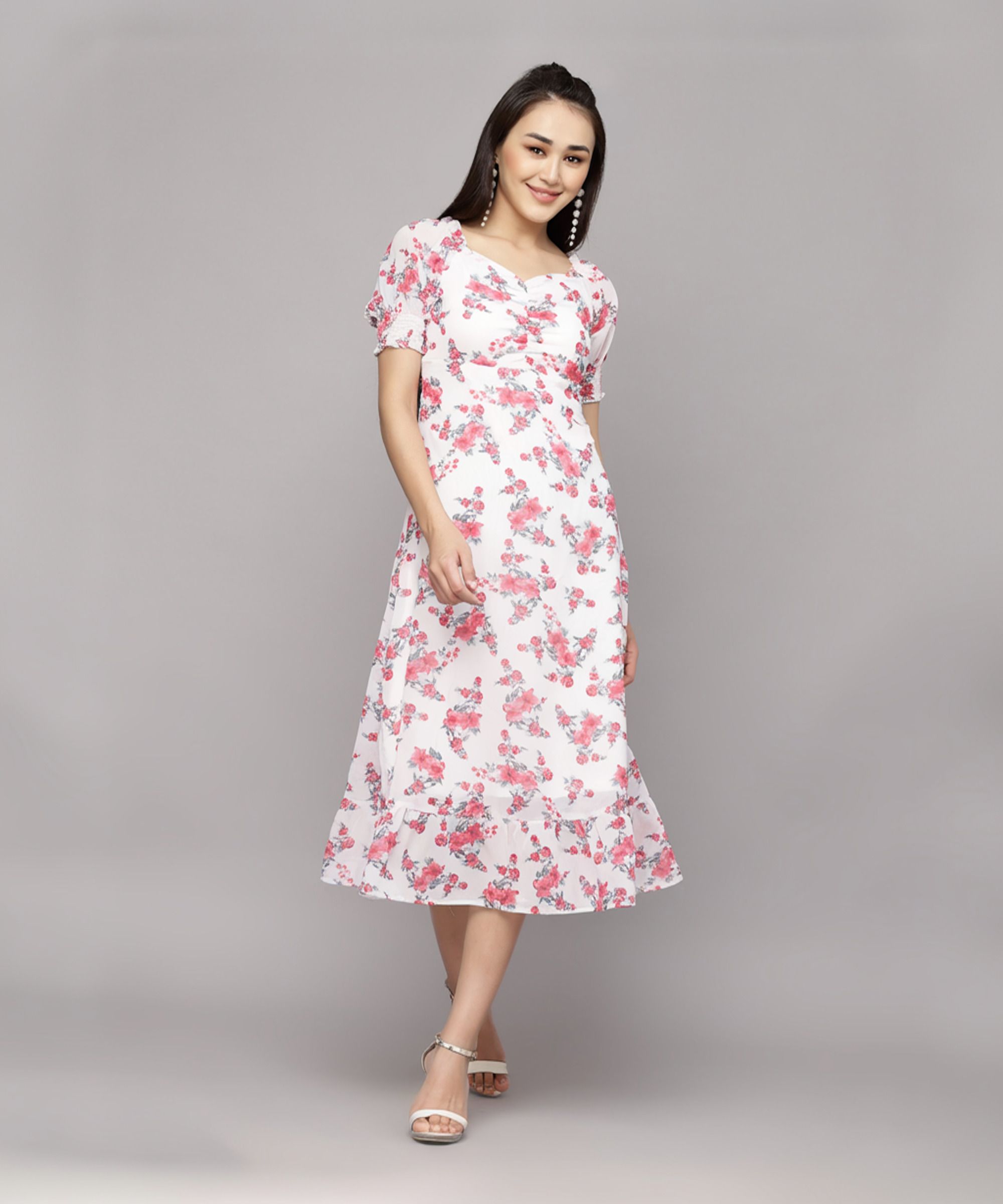 Women A-line White, Pink Midi/Calf Length Dress-image-24