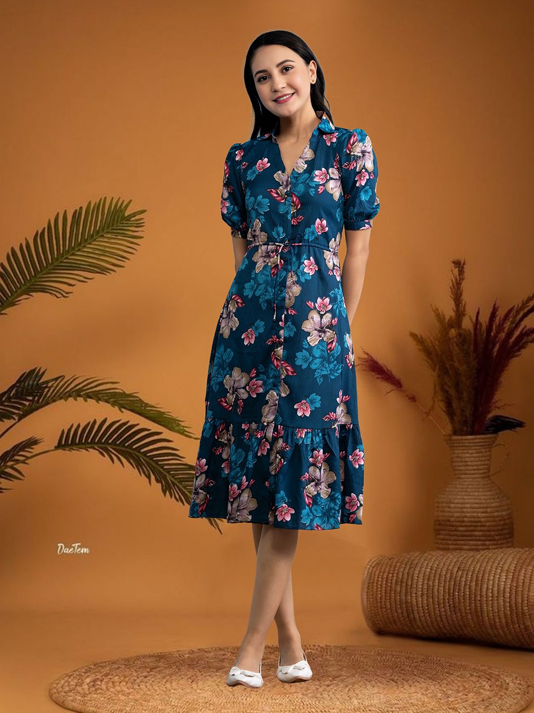 Women Fit and Flare Blue Knee Length Dress-image-20