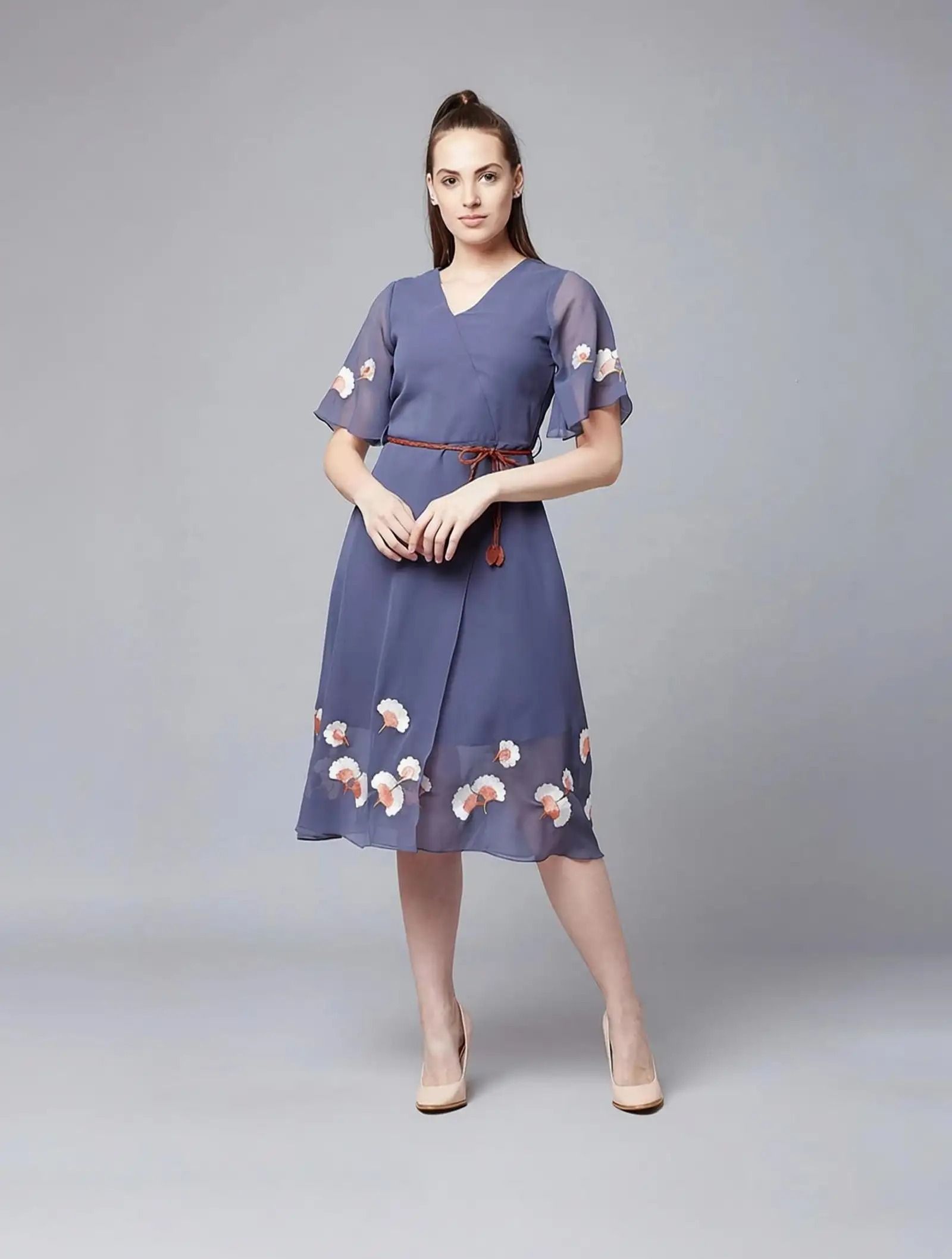 Women Fit and Flare Blue Knee Length Dress-image-31