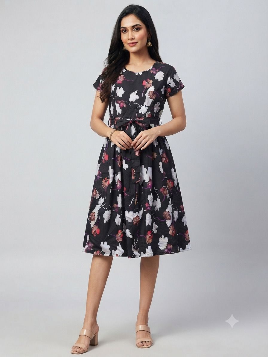Women Fit and Flare Black, Multicolor Knee Length Dress-image-48