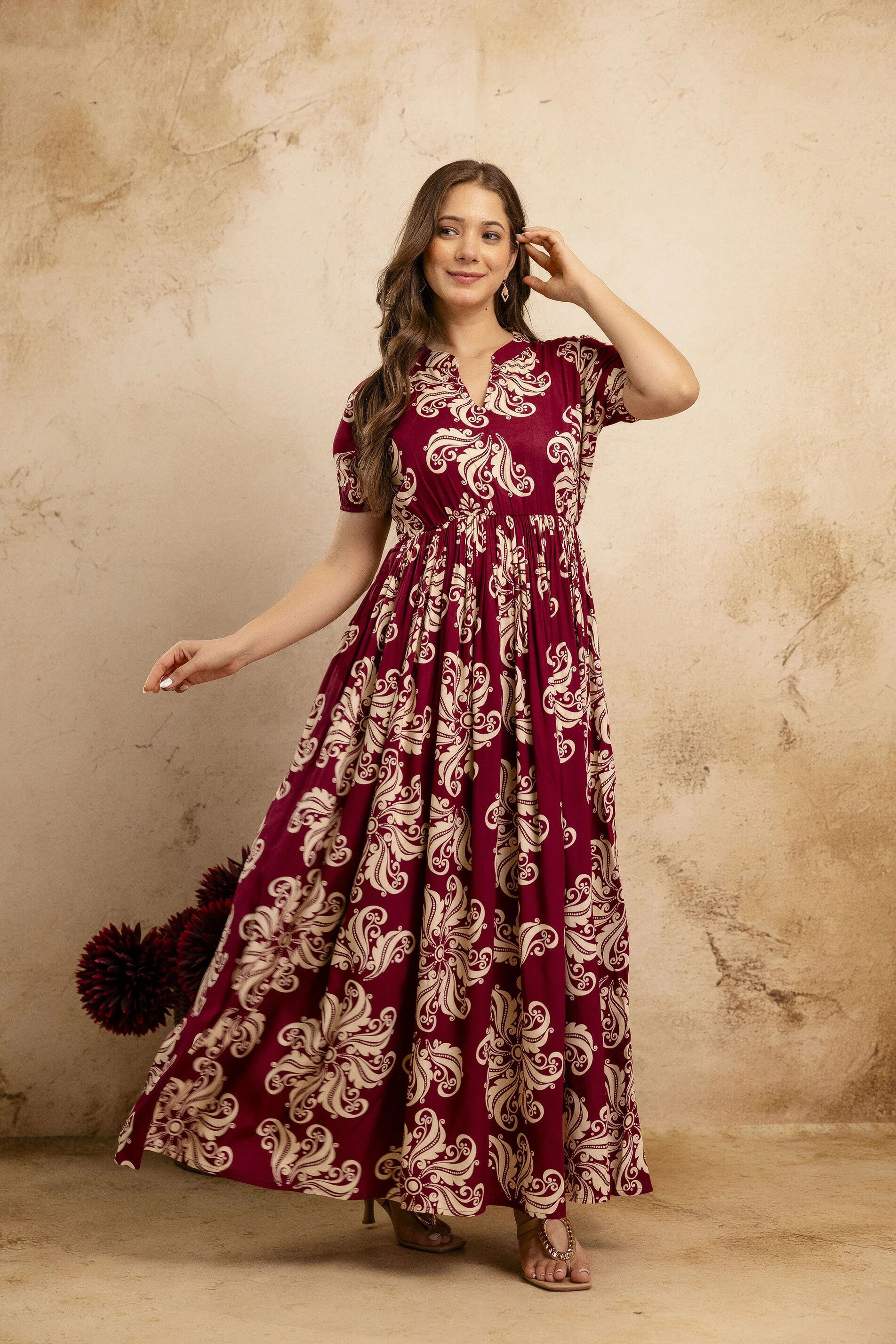 Women A-line Maroon Maxi/Full Length Dress