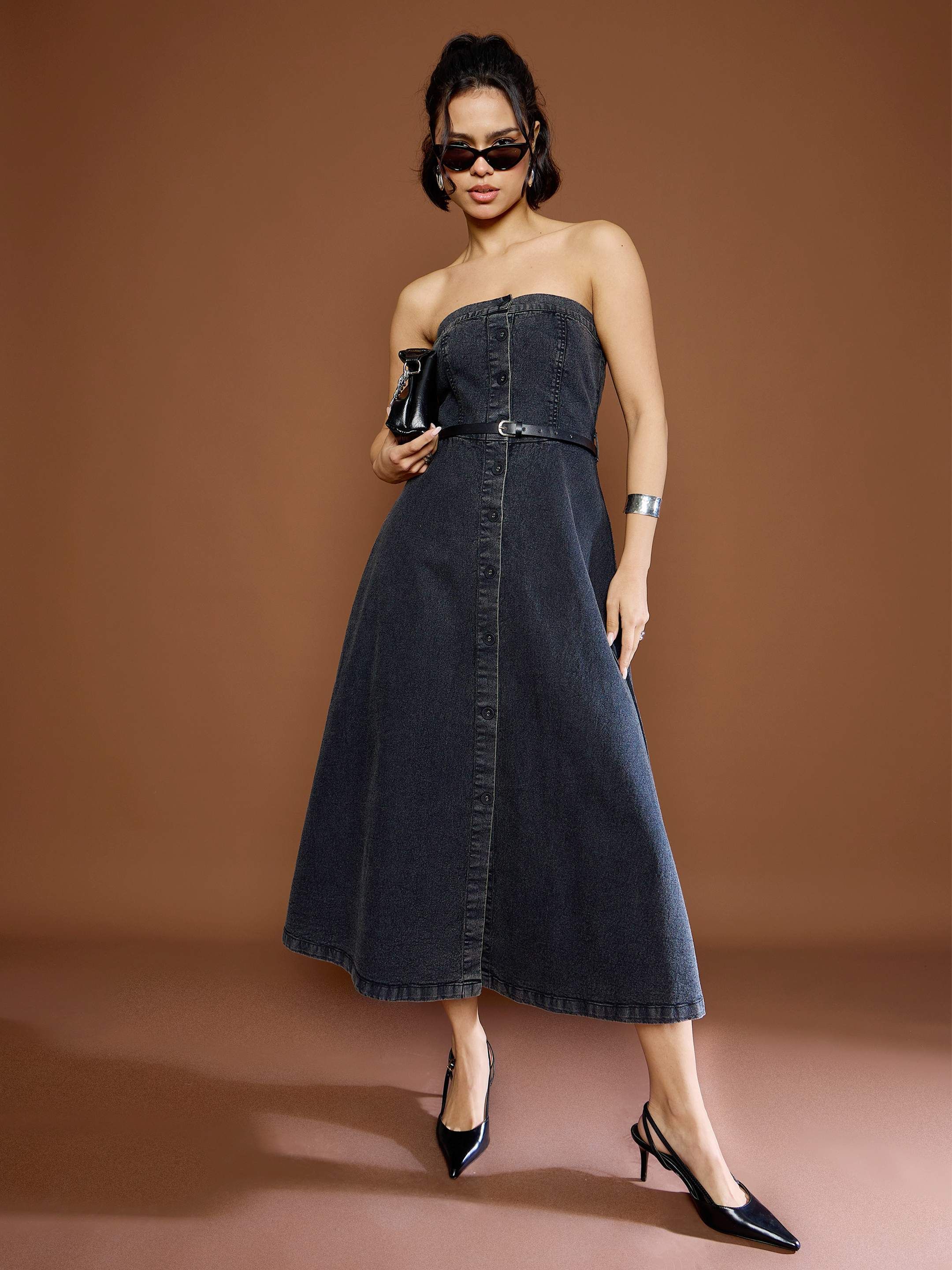 Women Fit and Flare Black Below Knee Dress-image-39