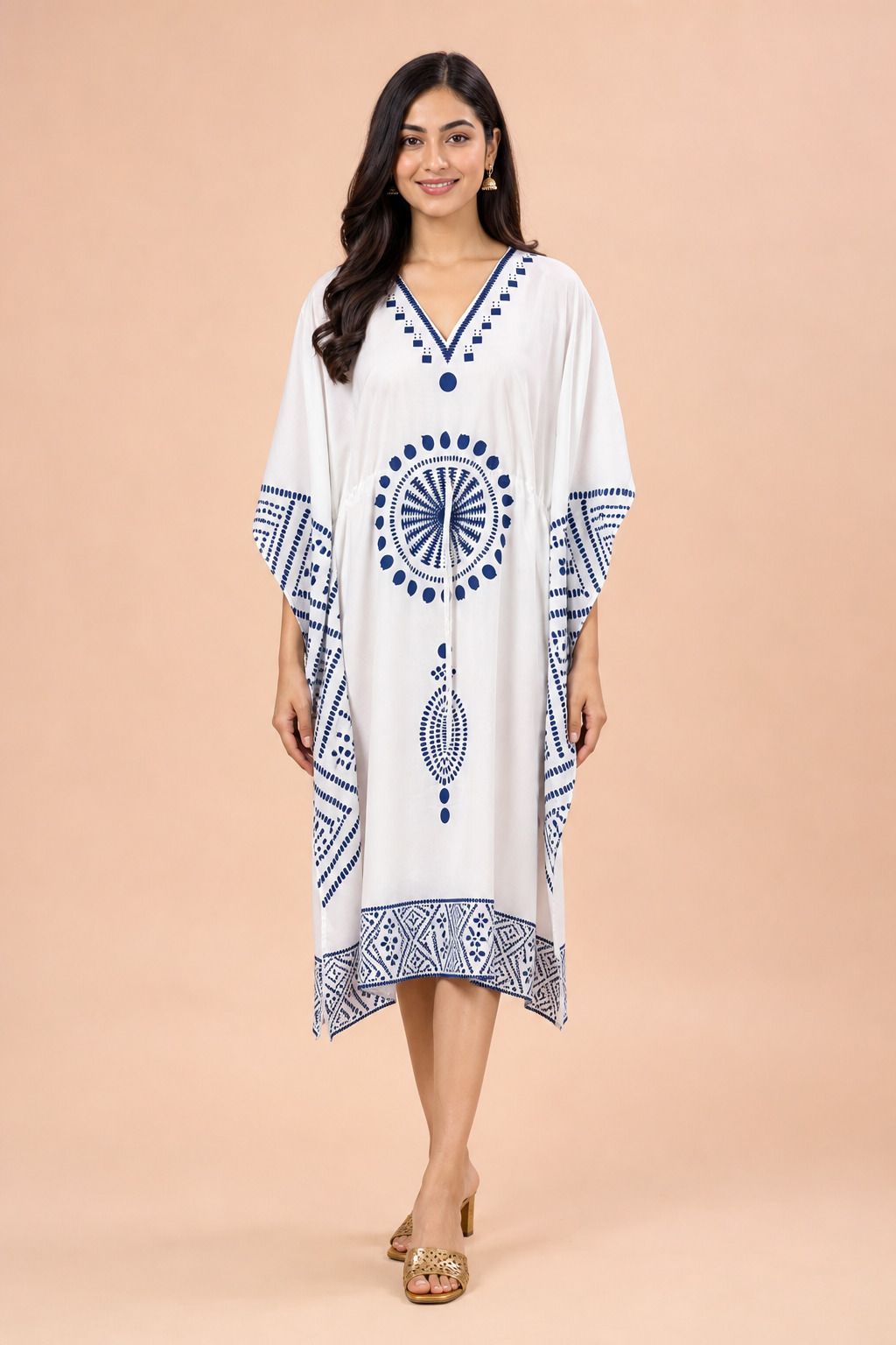 hive91 Women Kaftan White, Blue Knee Length Dress-picture-48