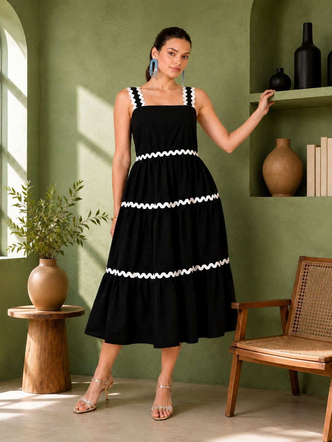 Women Tiered Black Midi/Calf Length Dress-image-40