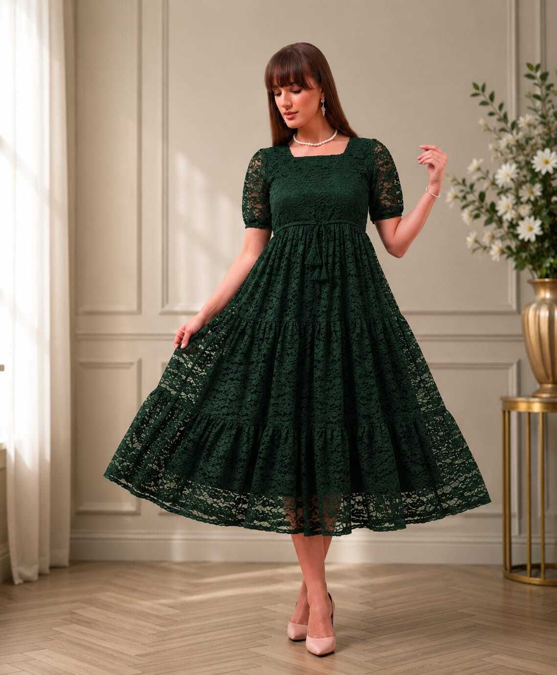 pravishri trends Women Tiered Green Midi/Calf Length Dress-picture-11