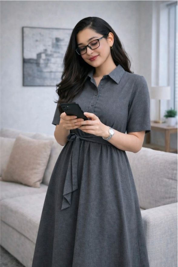 Women Shirt Grey Ankle Length Dress-image-3