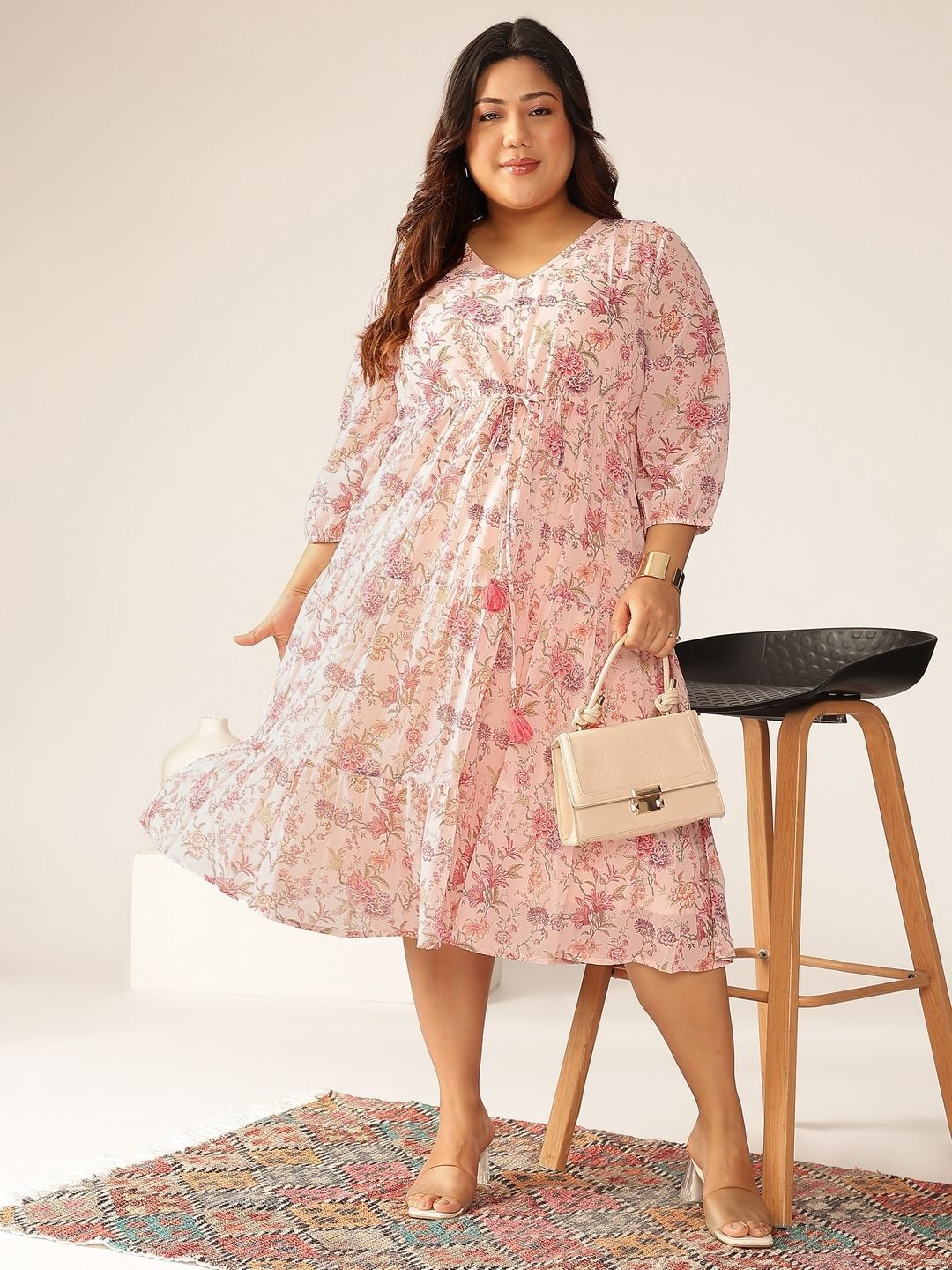 Women Tiered Pink Midi/Calf Length Dress-image-41