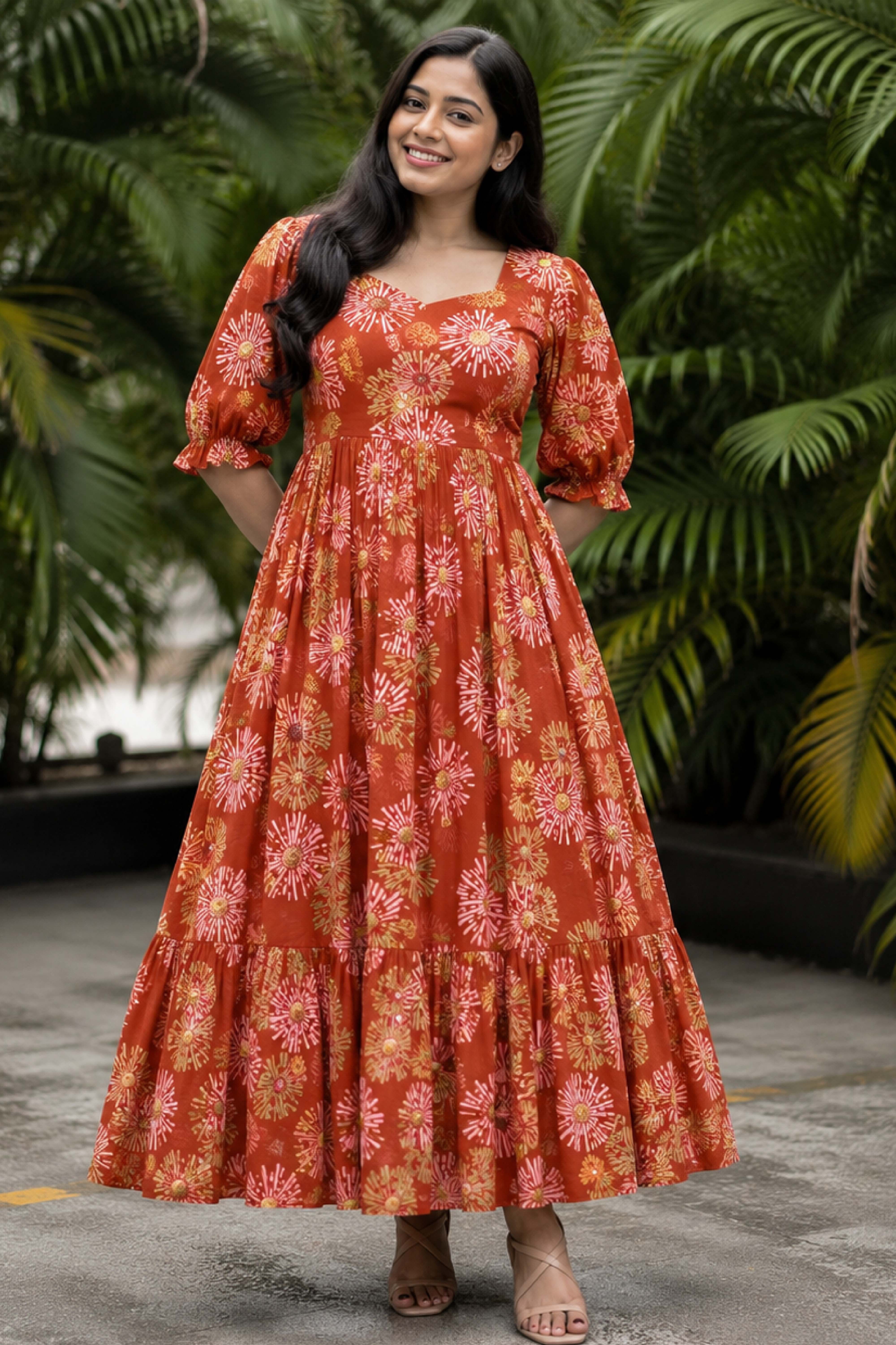 Women Fit and Flare Orange, Gold Maxi/Full Length Dress-image-9