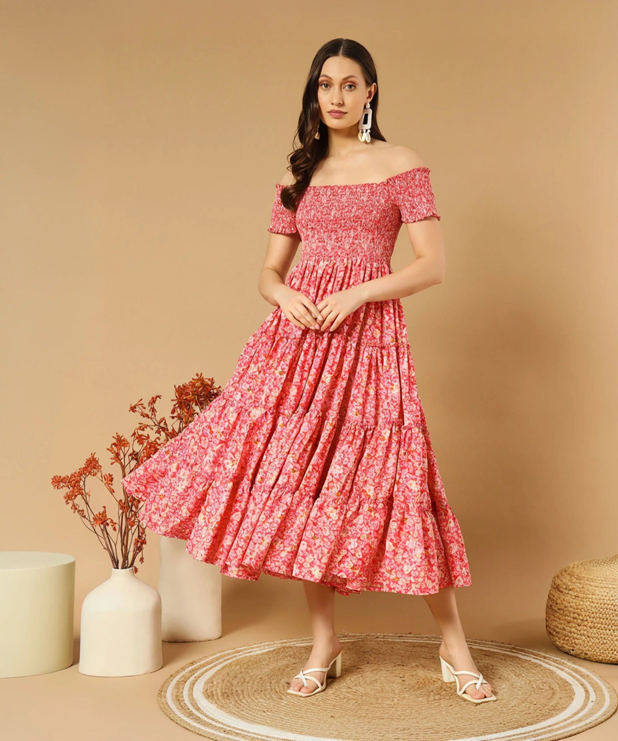 Women Fit and Flare Pink Midi/Calf Length Dress-image-28