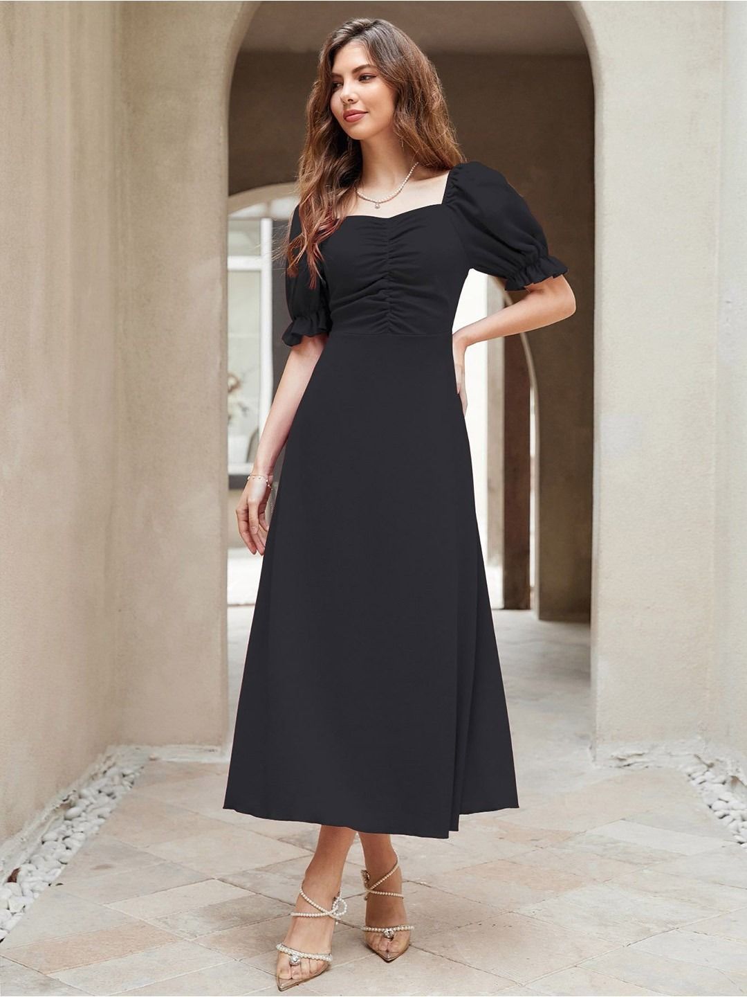 Women A-line Black Midi/Calf Length Dress-image-35