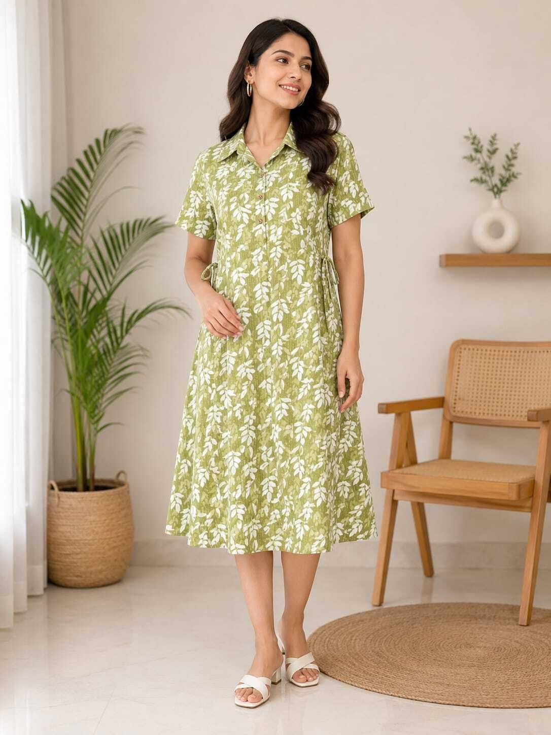 dayzee Women Fit and Flare Light Green, White Midi/Calf Length Dress-picture-33