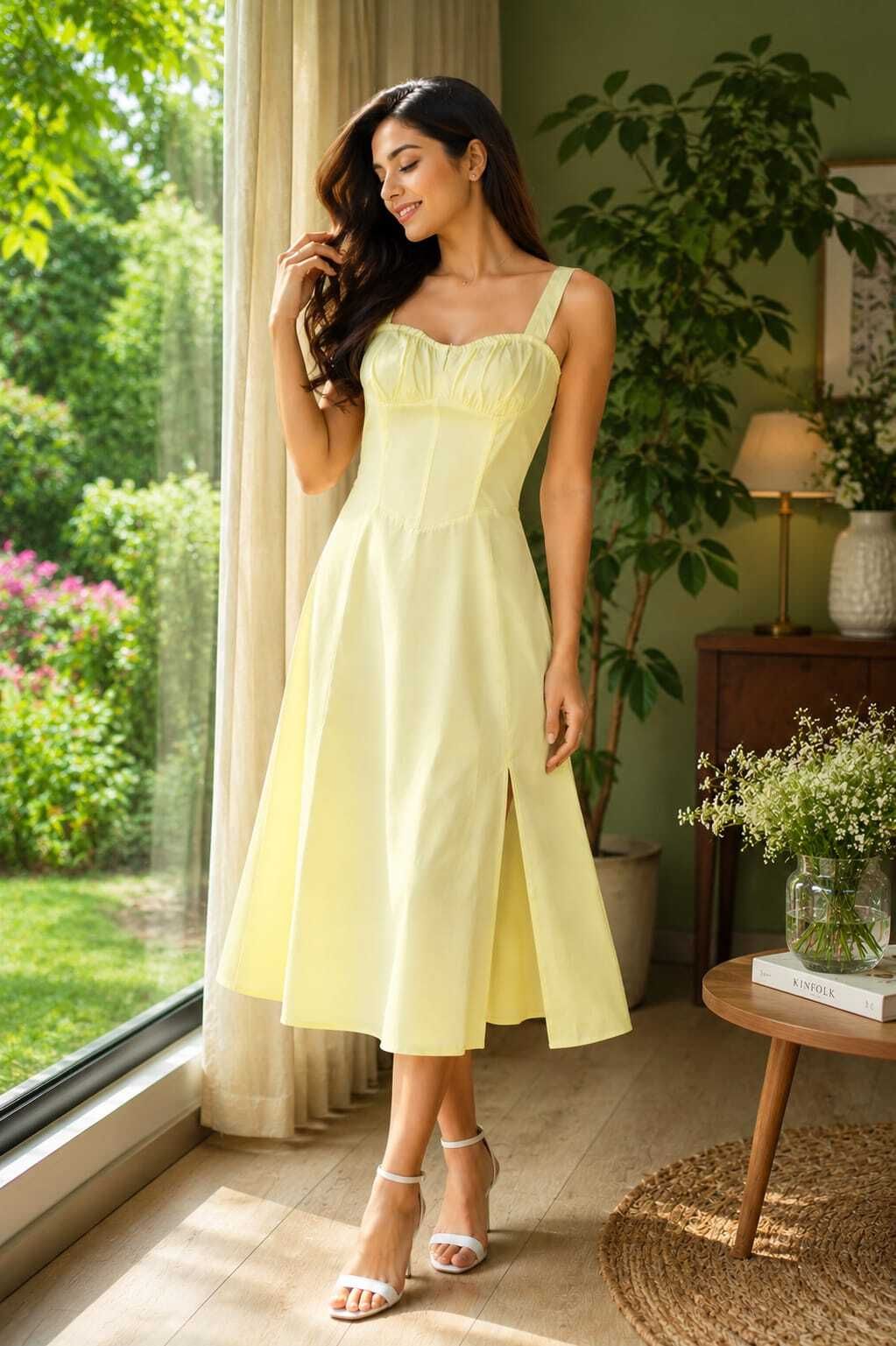 Women Fit and Flare Yellow Midi/Calf Length Dress-image-49