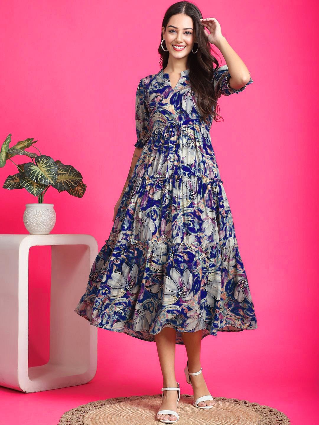 Women Fit and Flare Blue Midi/Calf Length Dress