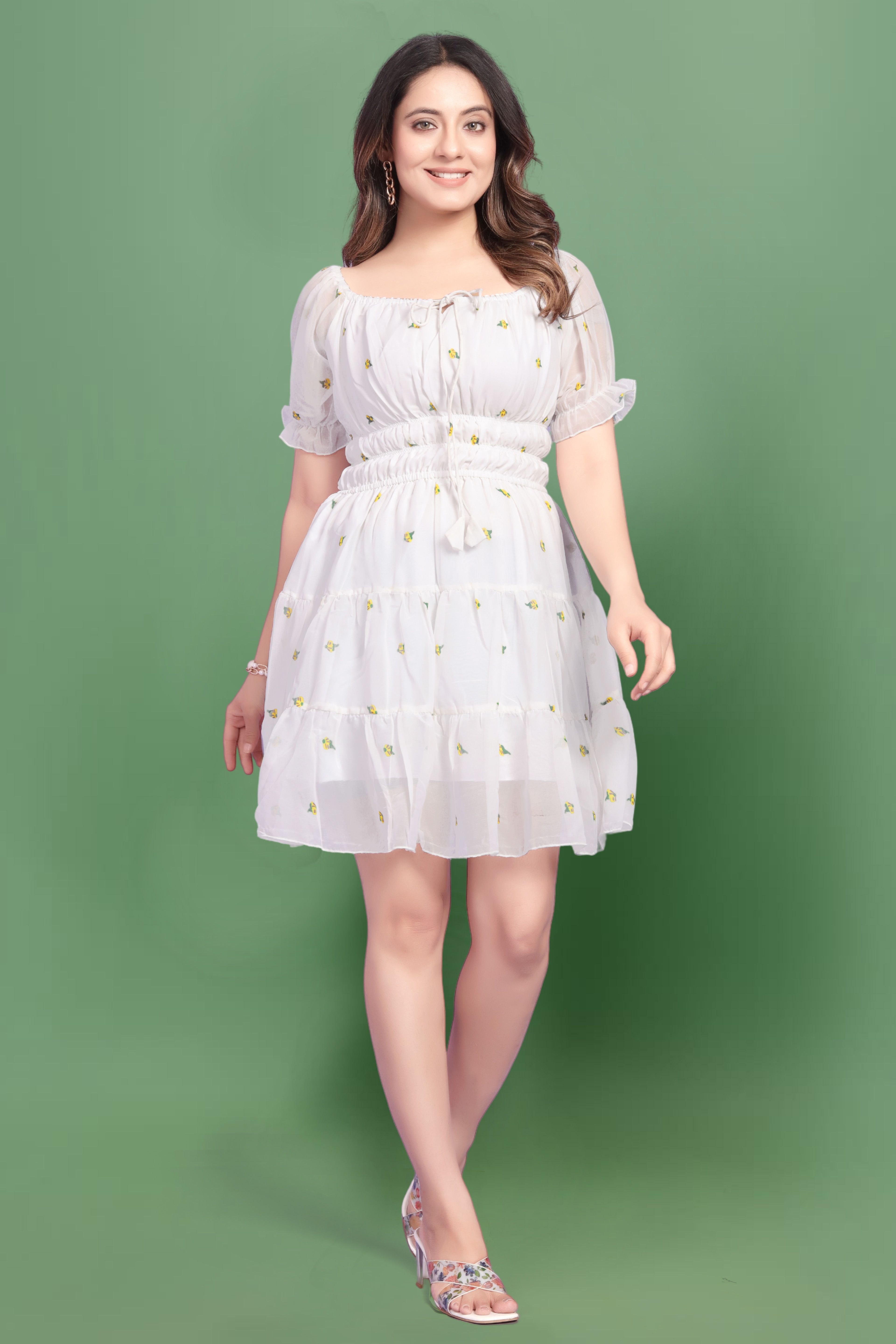 Women A-line White Above Knee/Mid Thigh Length Dress-image-20