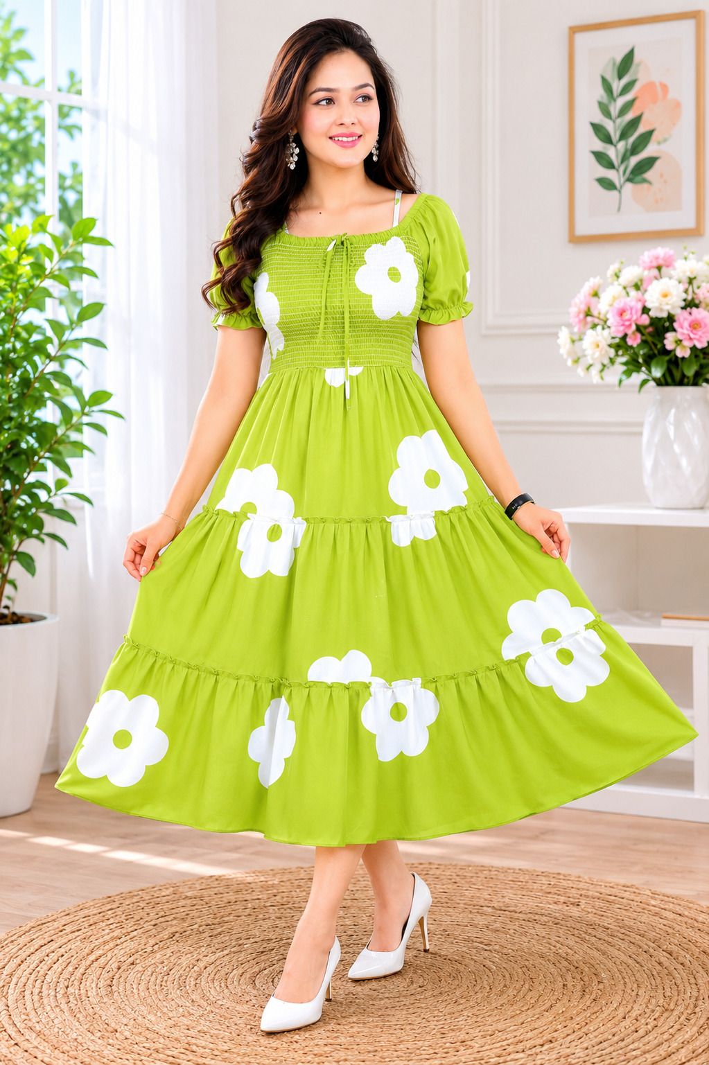 Women Tiered Light Green Midi/Calf Length Dress-image-47