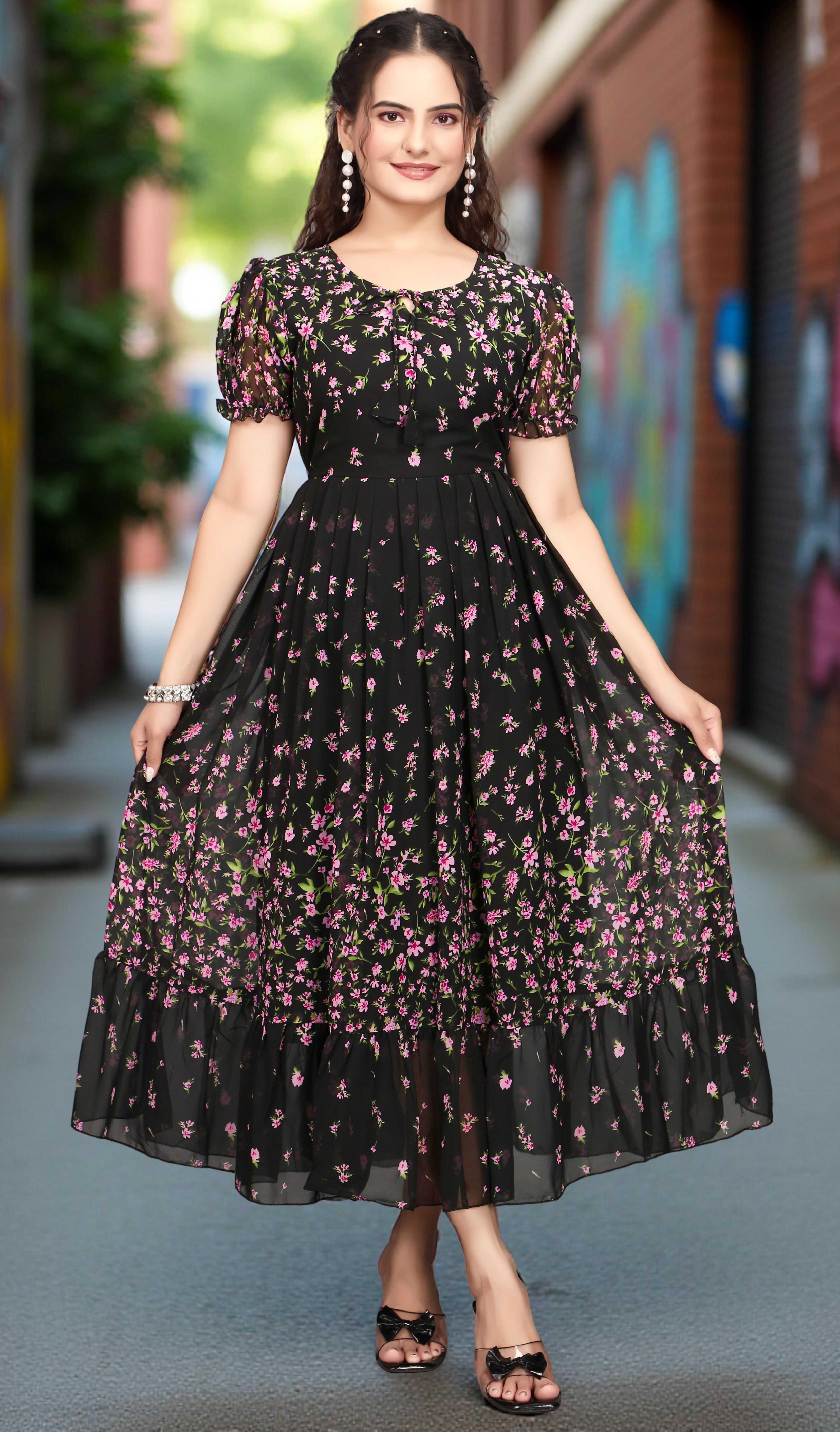 Women Fit and Flare Black, White Maxi/Full Length Dress-image-17