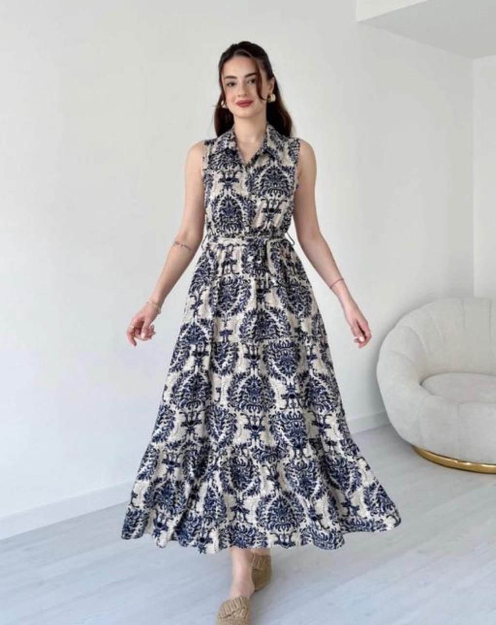 manojava Women Fit and Flare Blue Ankle Length Dress-picture-24