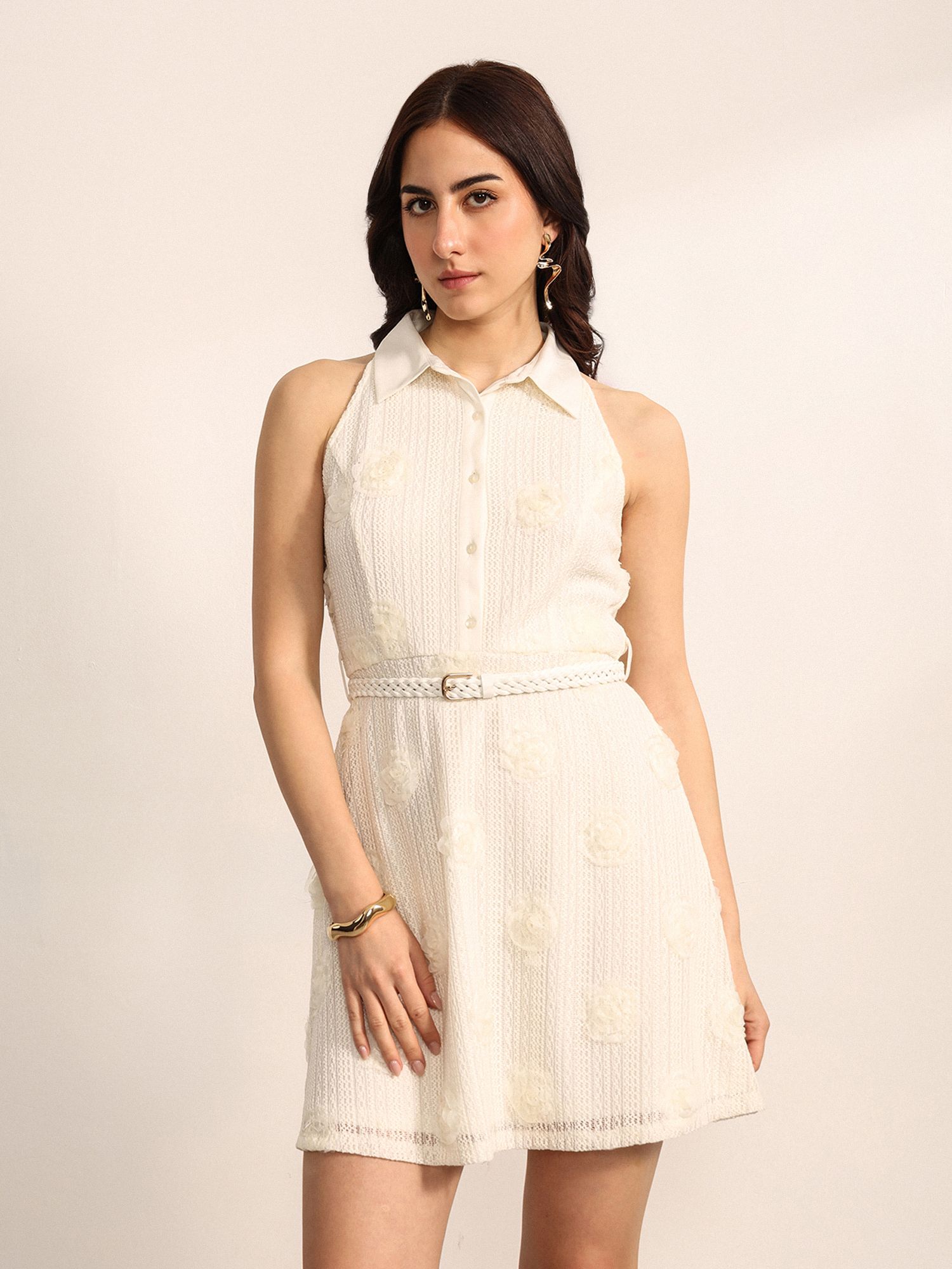 Women Fit and Flare White Mini/Short Dress-image-3