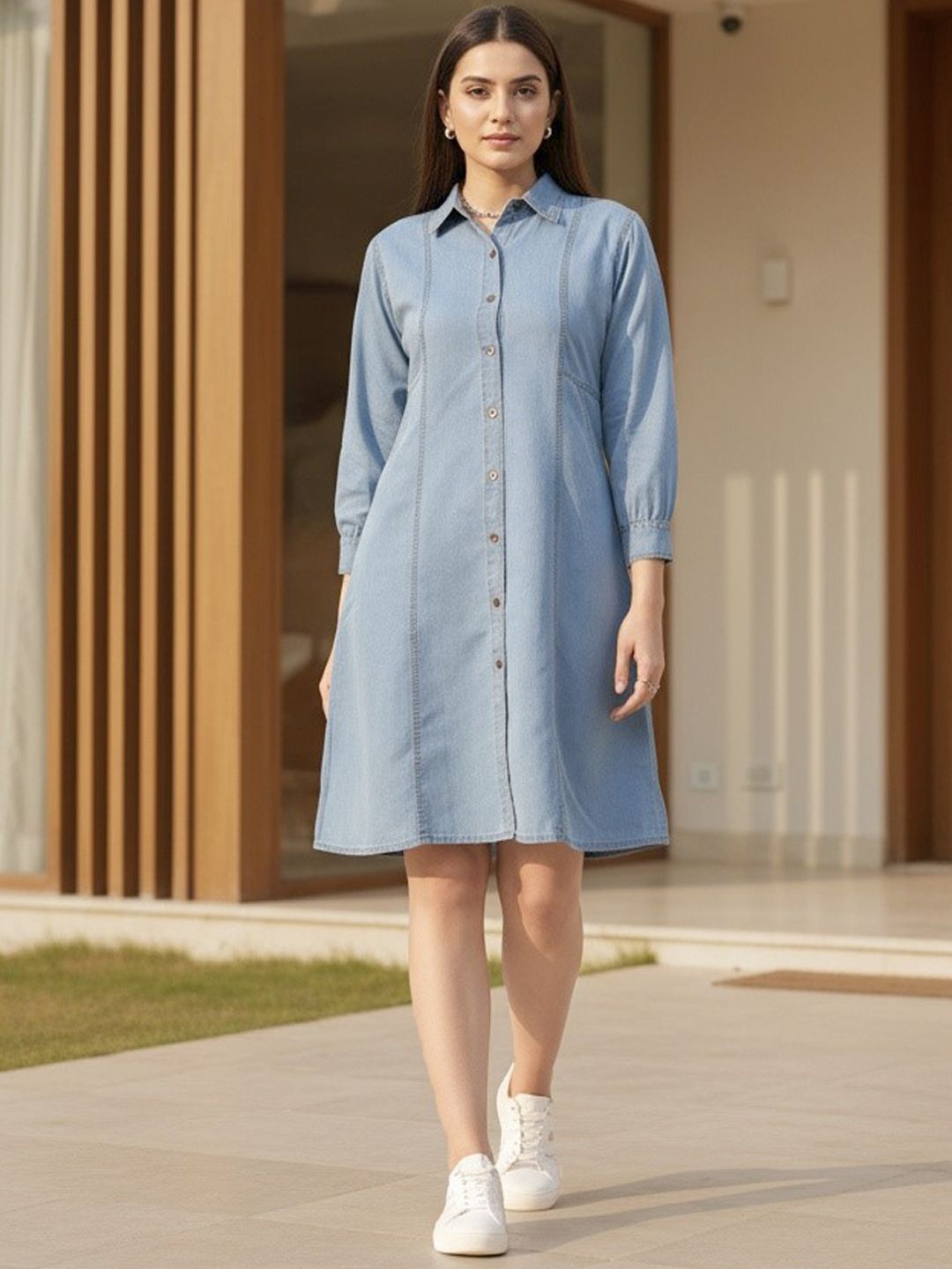 Women A-line Light Blue Above Knee/Mid Thigh Length Dress-image-45