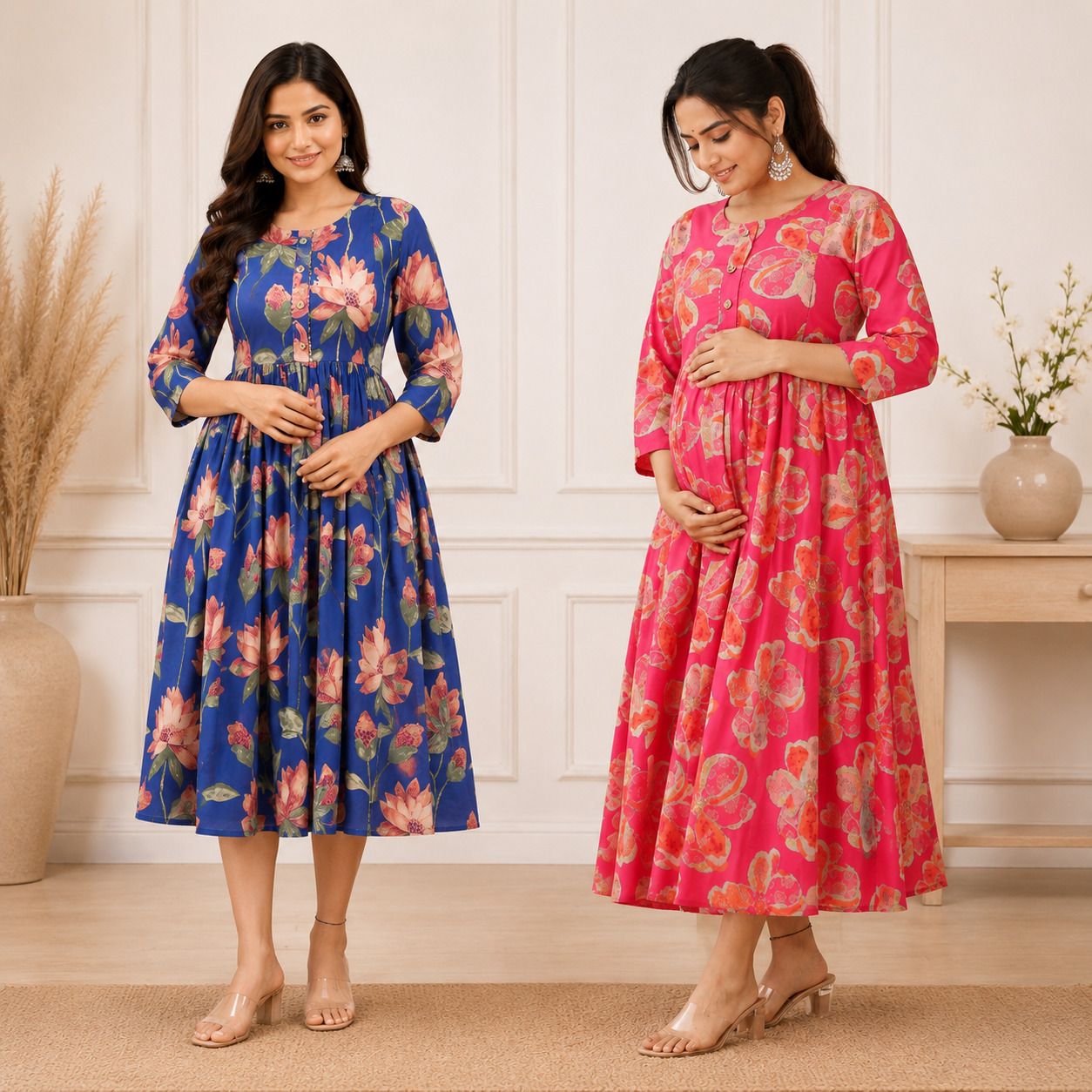 the pehnawaa store Women Fit and Flare Blue, Pink Midi/Calf Length Dress-picture-12