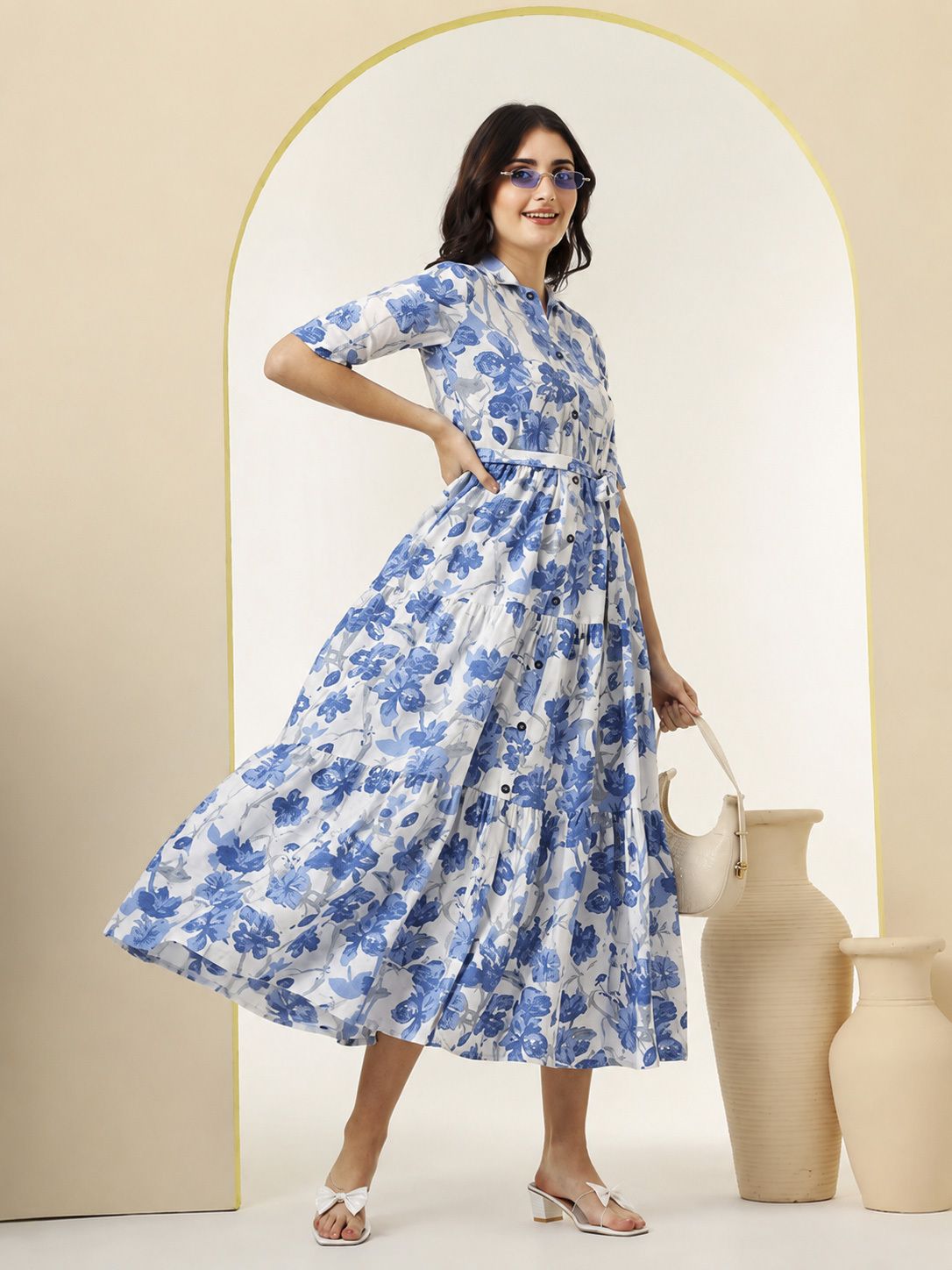 Women Gathered White, Blue Midi/Calf Length Dress-image-13