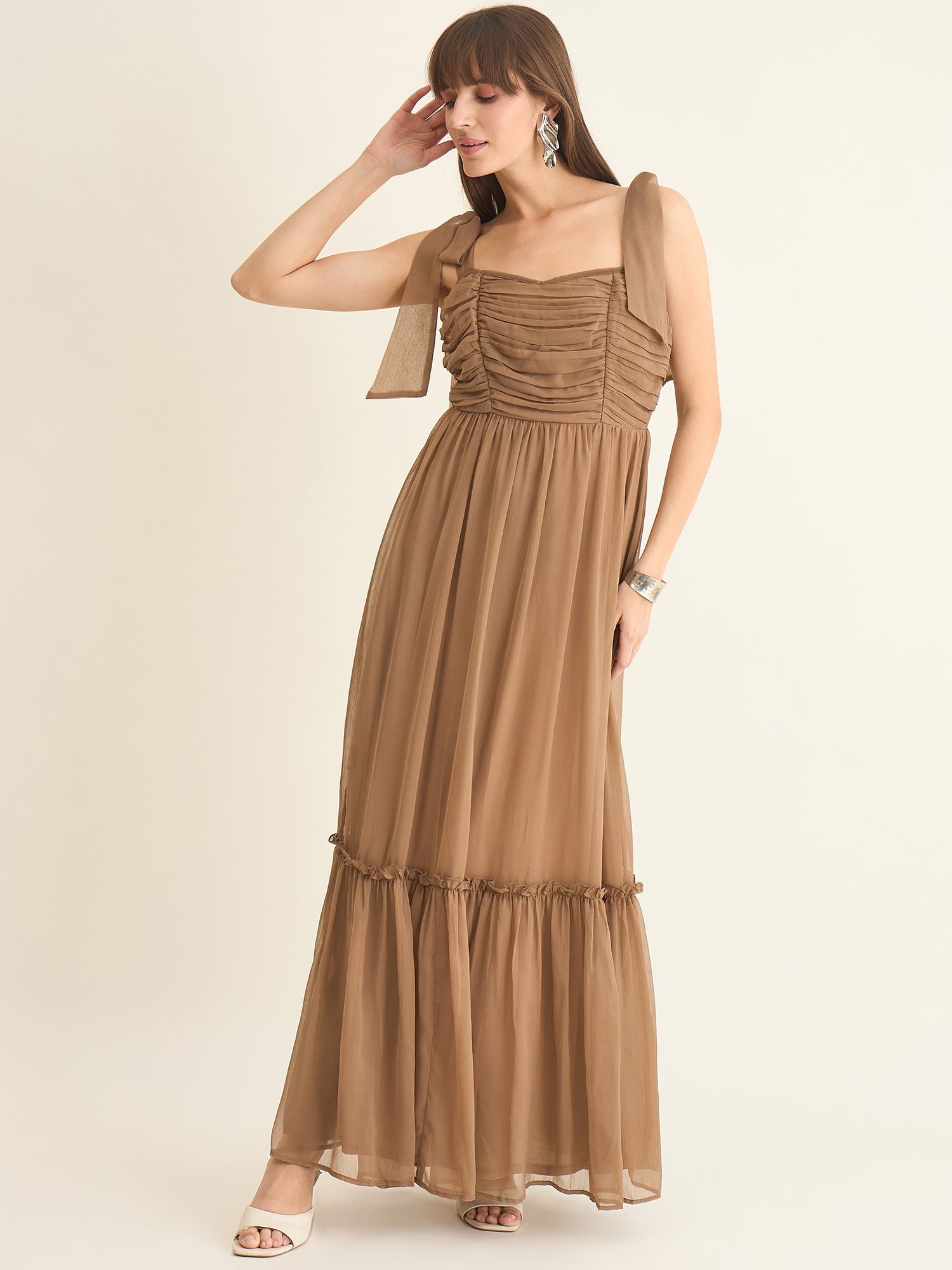 Women Layered Brown Maxi/Full Length Dress-image-14