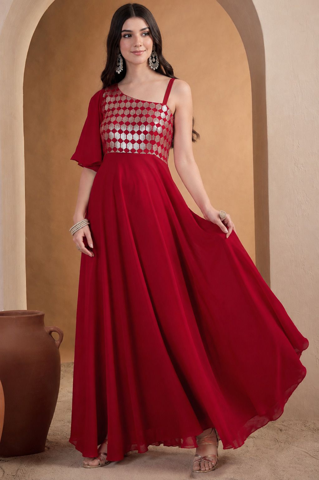 Women A-line Red Maxi/Full Length Dress-image-23