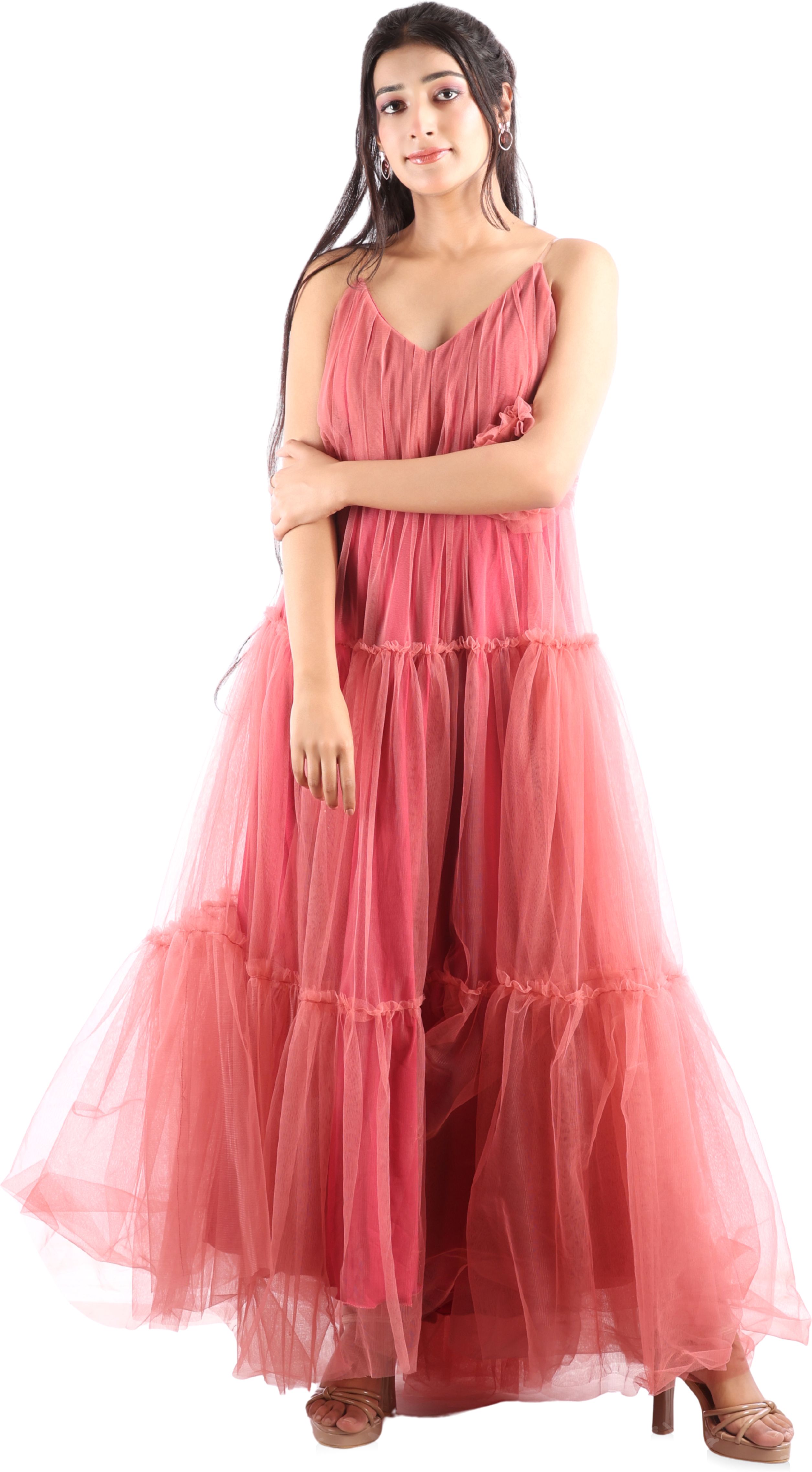 Women Tiered Pink Below Knee Dress-image-43