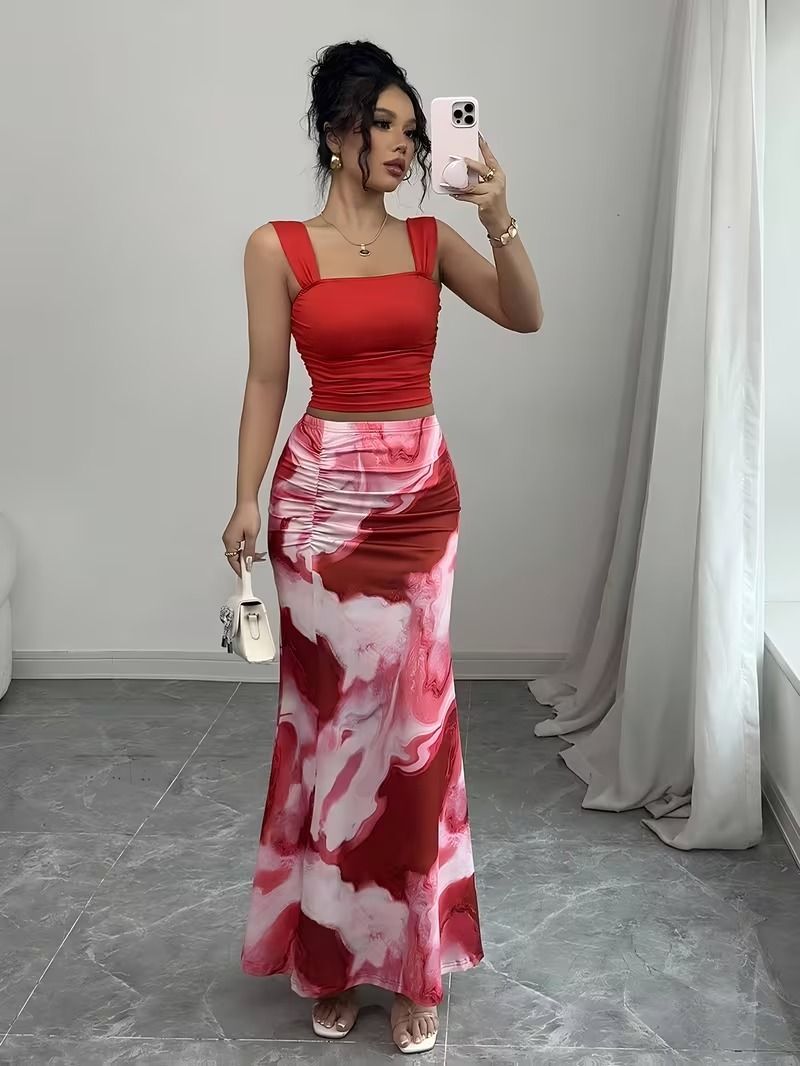 Women Two Piece Dress Red, White Maxi/Full Length Dress-image-20