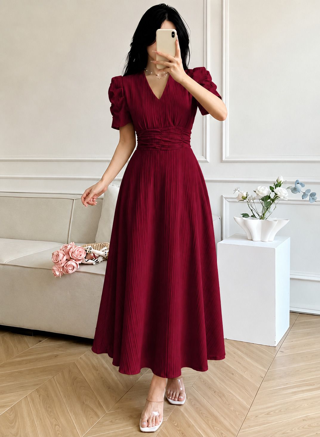 fabflee Women A-line Maroon Ankle Length Dress-picture-49