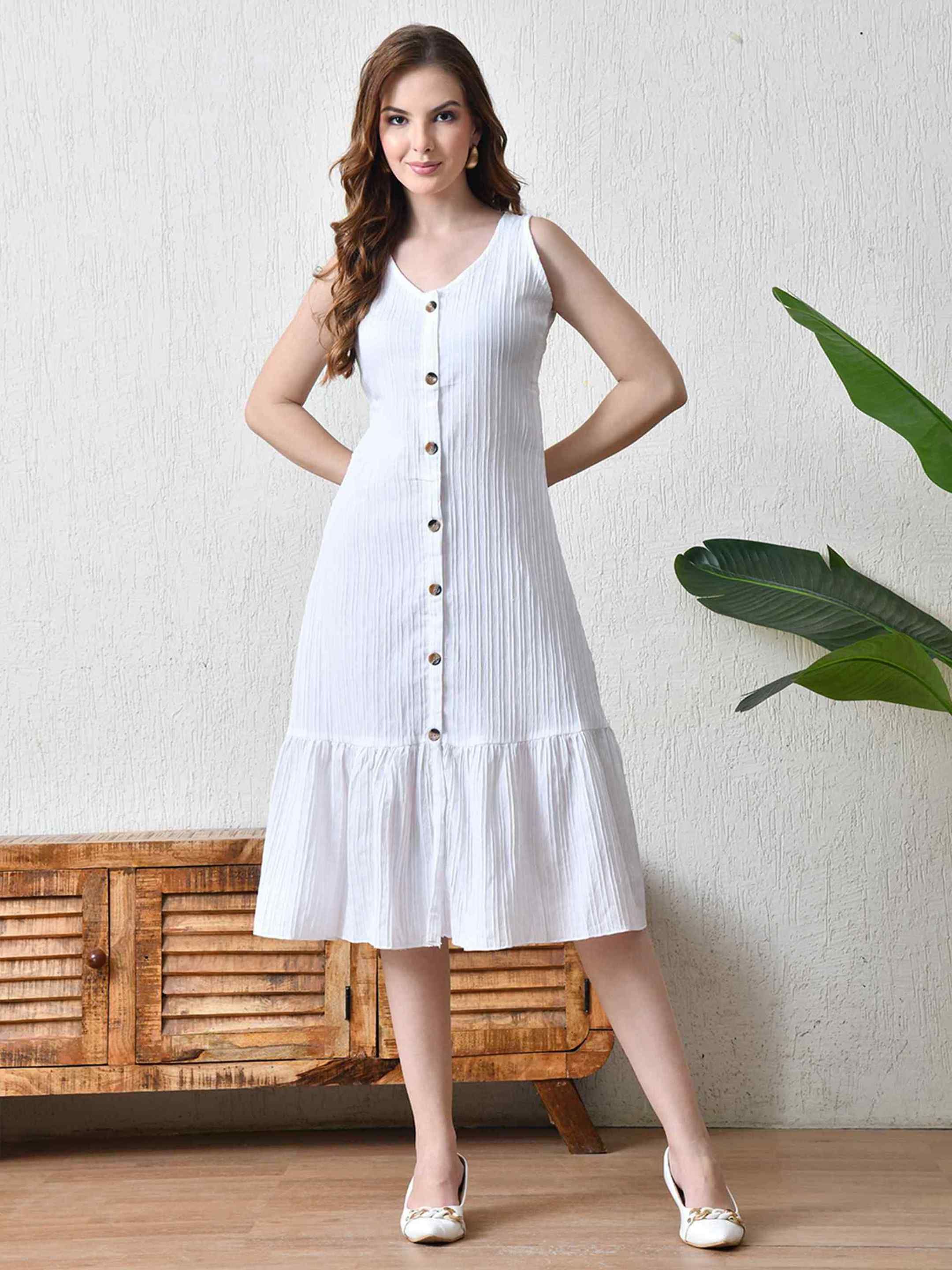 Women A-line White Knee Length Dress